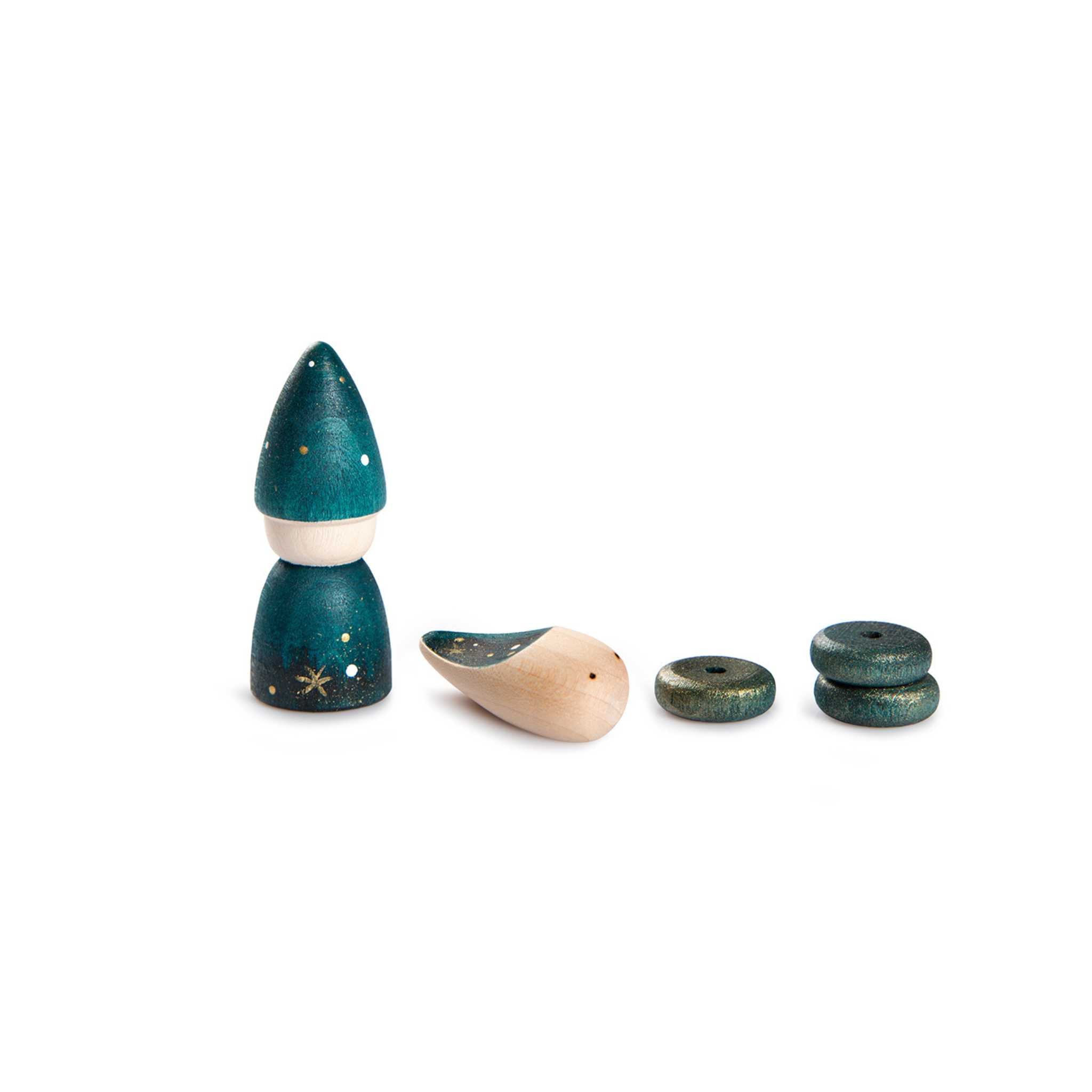 5 Greeny Blue Wooden Toys From Grapat Lucky Lucky Collection On White Background