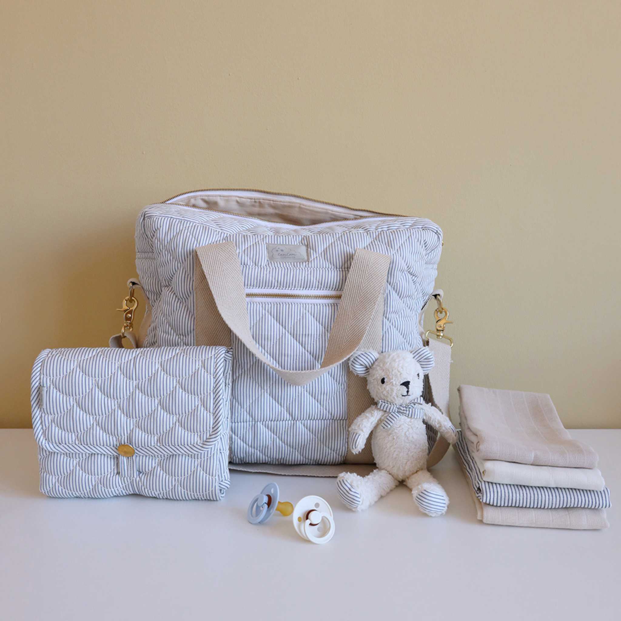 Cam Cam Quilted Changing Mat - Classic Blue Stripes - With Changing Bag, Muslins etc