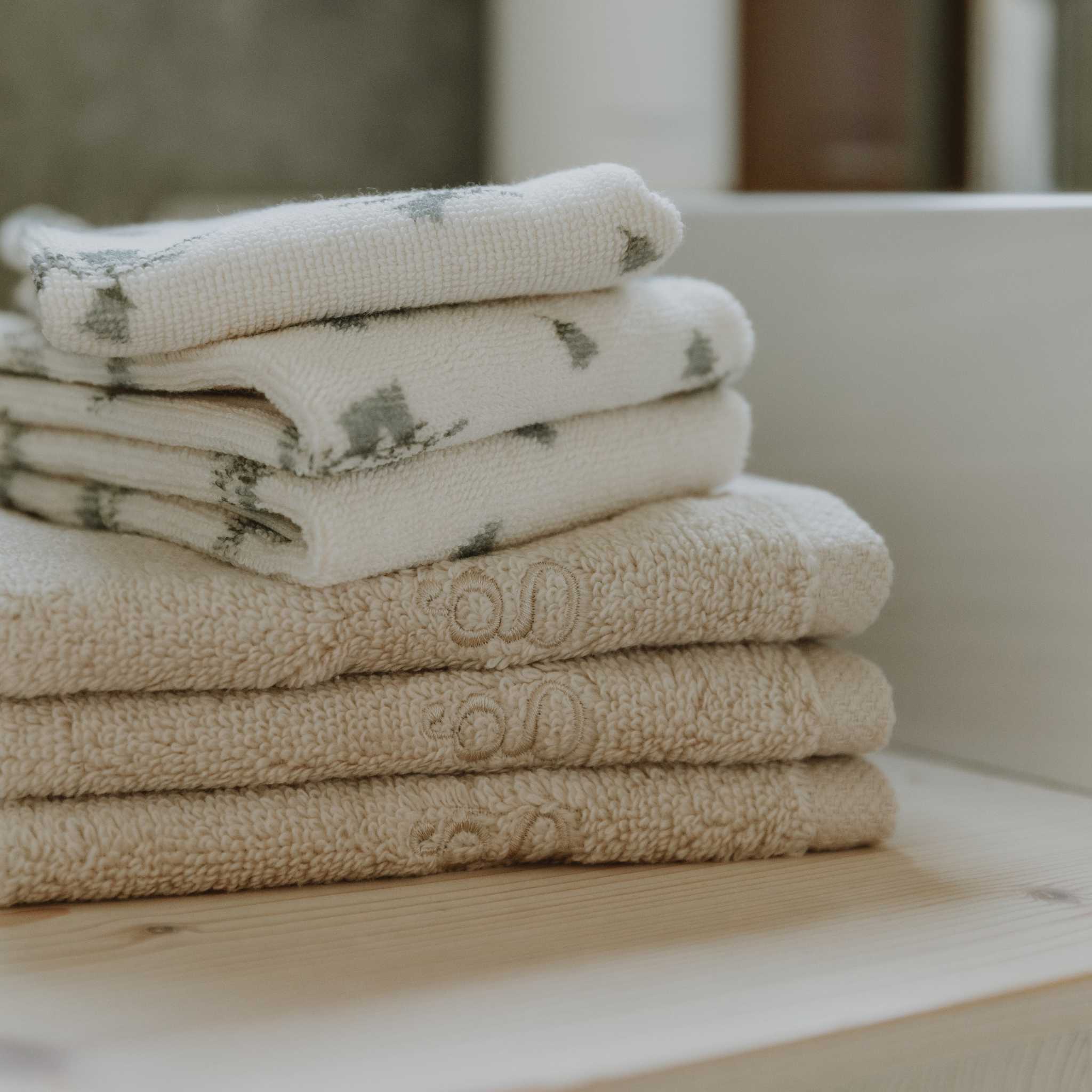 Garbo & Friends Terry Washcloths (3 pack) Sand - Stacked with Bluebell Washcloths