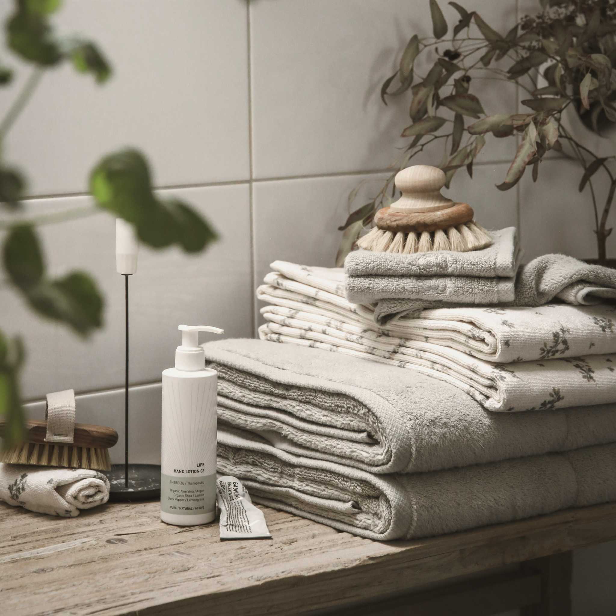 Garbo & Friends Terry Washcloths - Thyme -In Bathroom With Other Towels