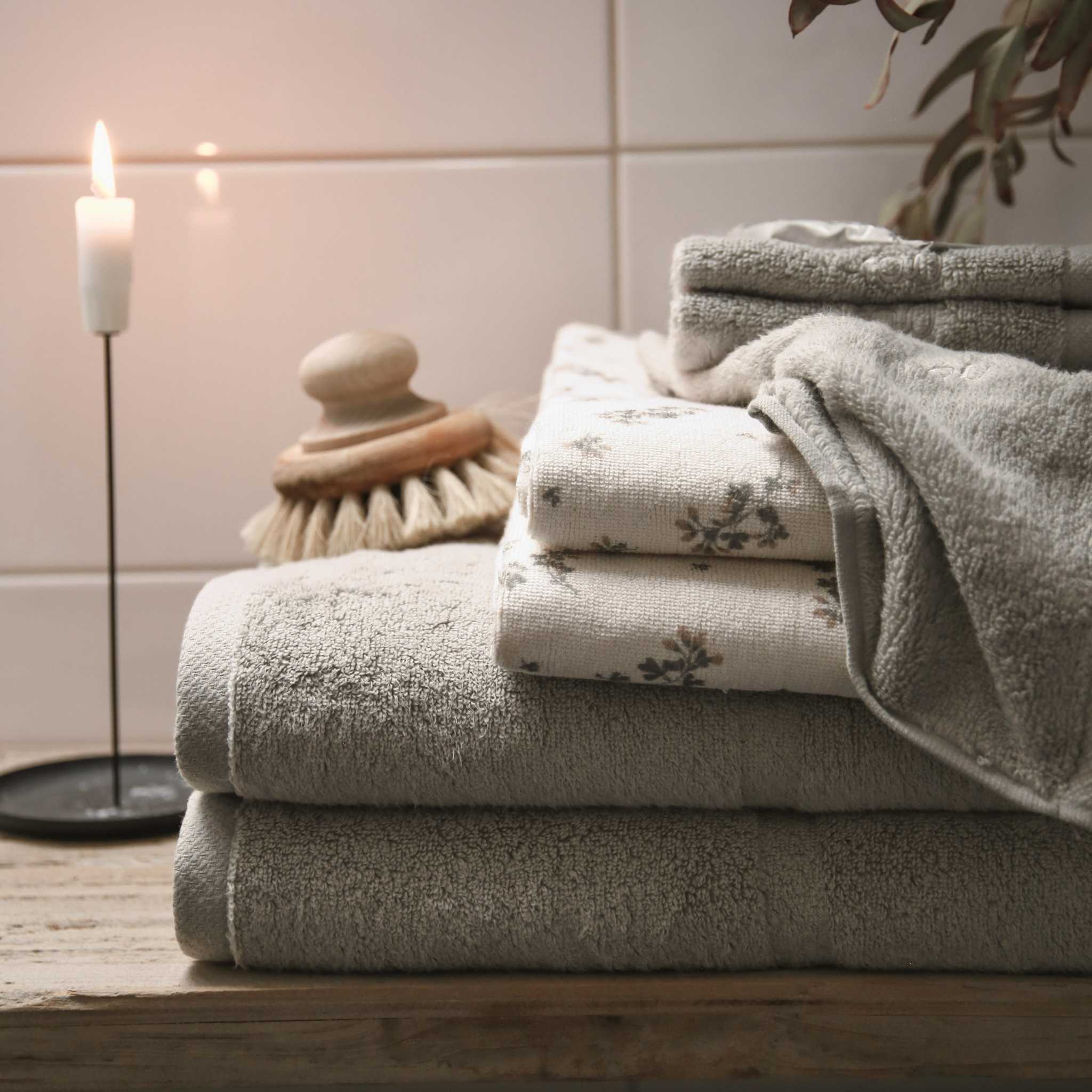 Garbo & Friends Terry Washcloths - Thyme Stacked with Other Towels