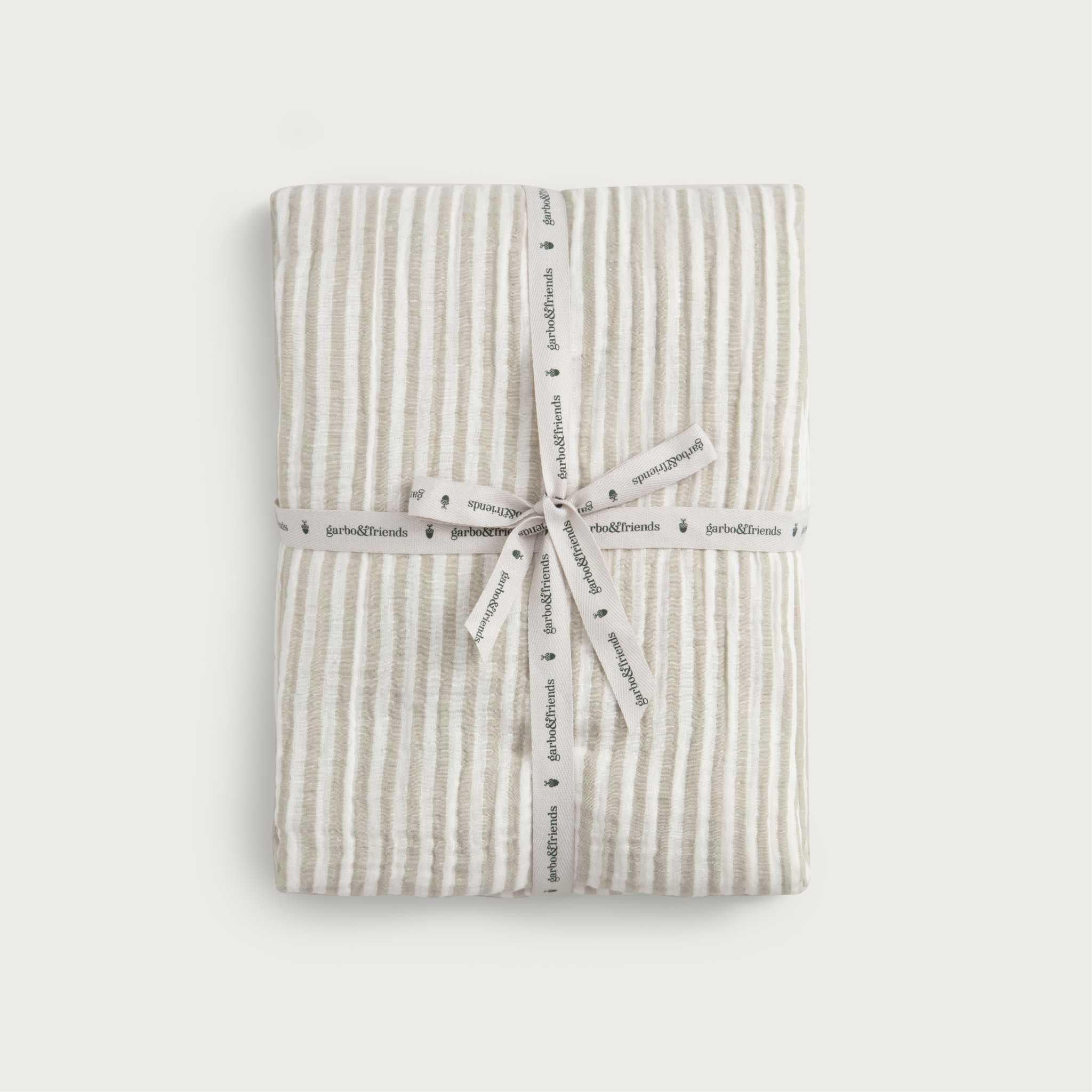 Garbo and Friends Stripe Anjou Muslin Cot Sheet - With Ribbon On Grey Background