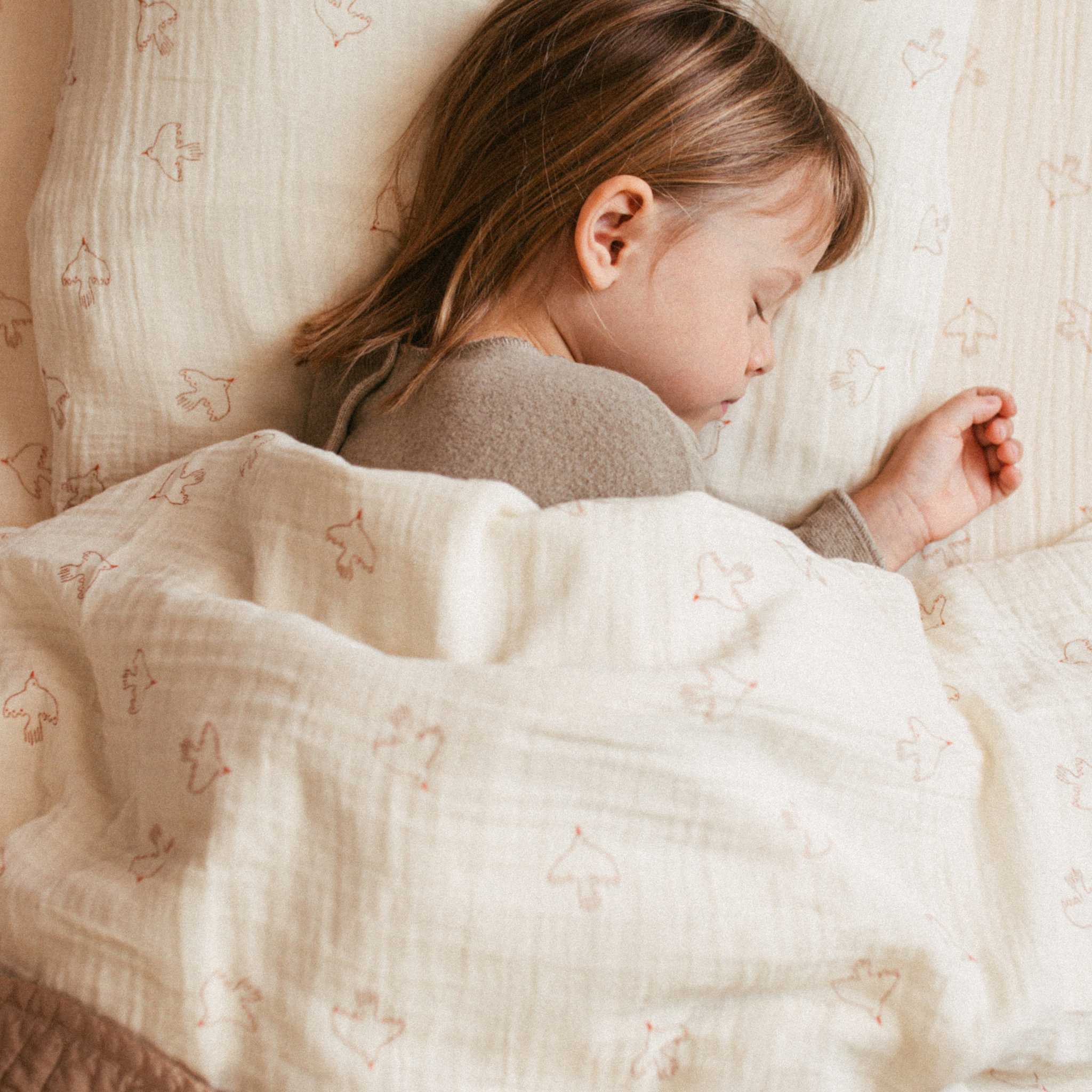 Girl Sleeping in Nobodinoz Wabi Sabi Toddler Bedding Set - Brown Hoshi Birds