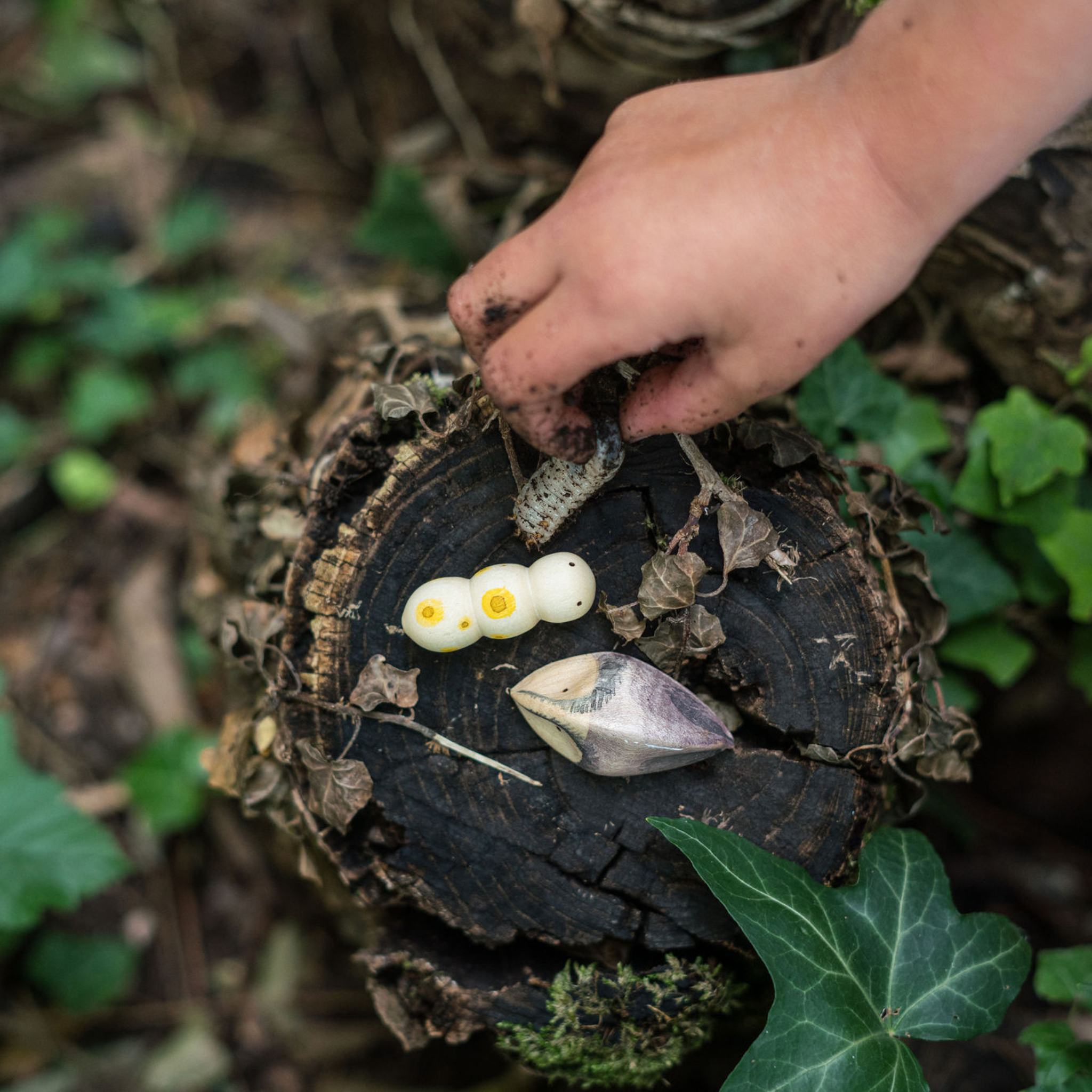 Little Hand Playing With Grapat Wild Wooden Pieces Outside
