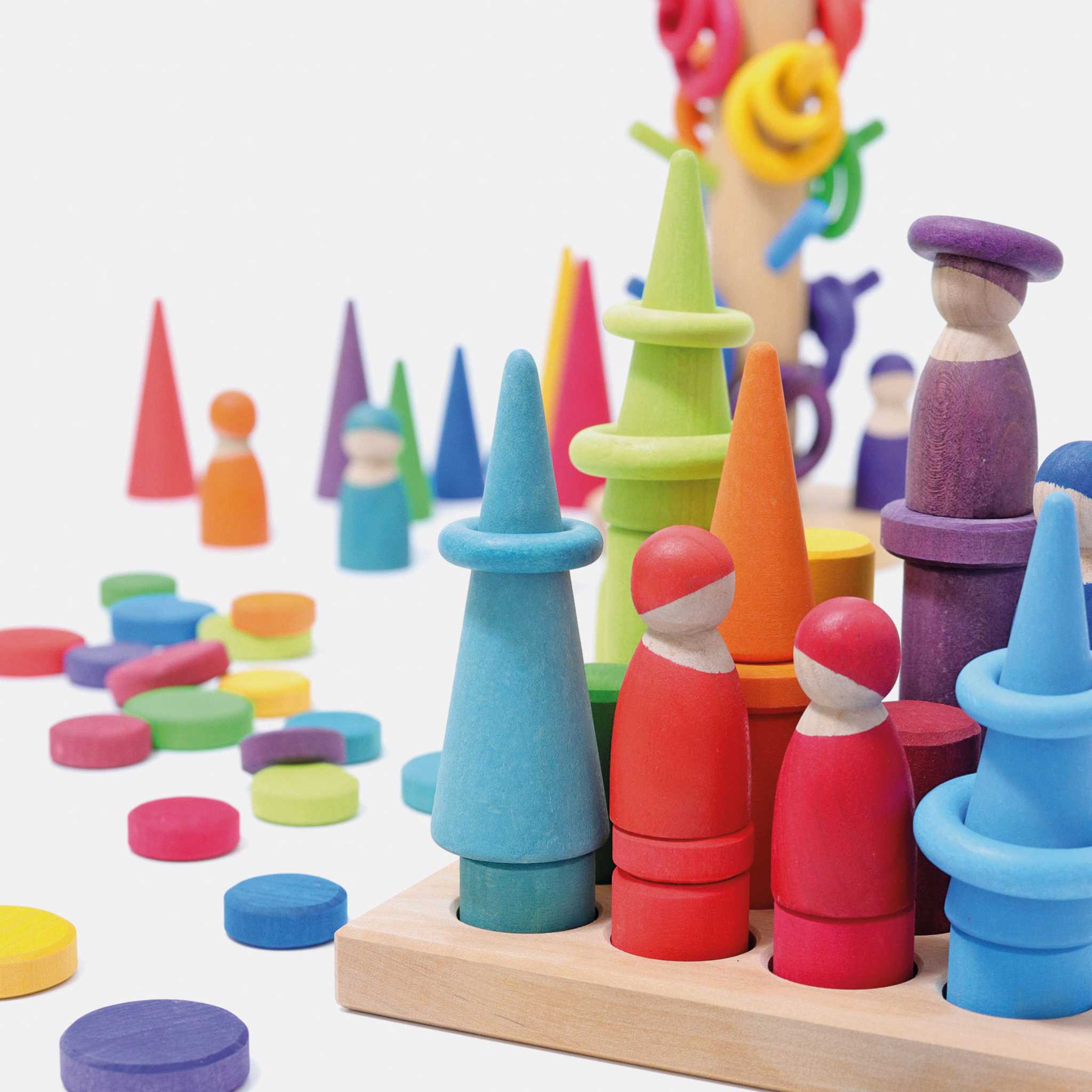 Grimm's Stacking Game Small Rainbow Rollers With Rainbow Forest, Friends and Rings