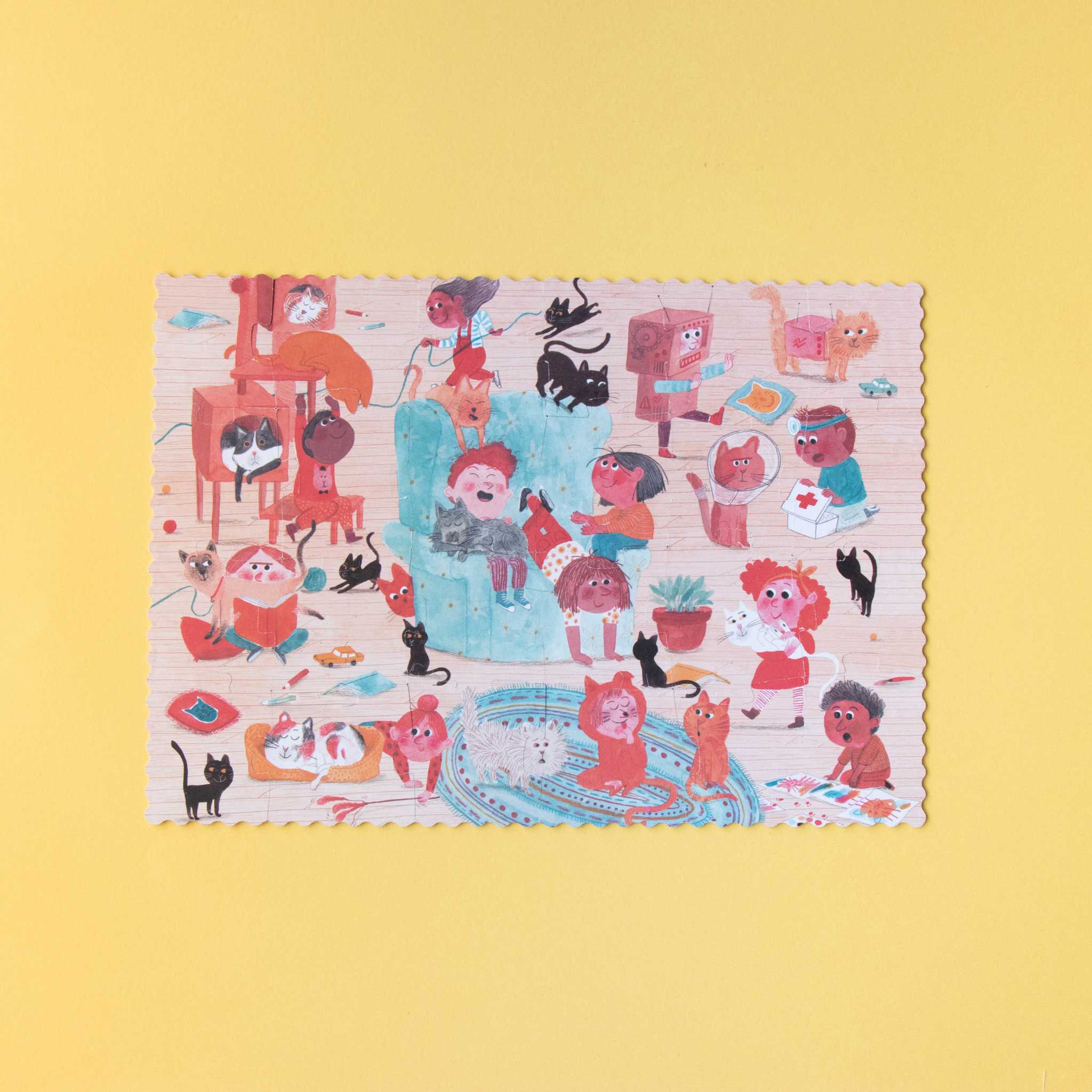 Londji Cats & Dogs Pocket Puzzle Age 3 Plus - Completed Puzzle On Yellow Background