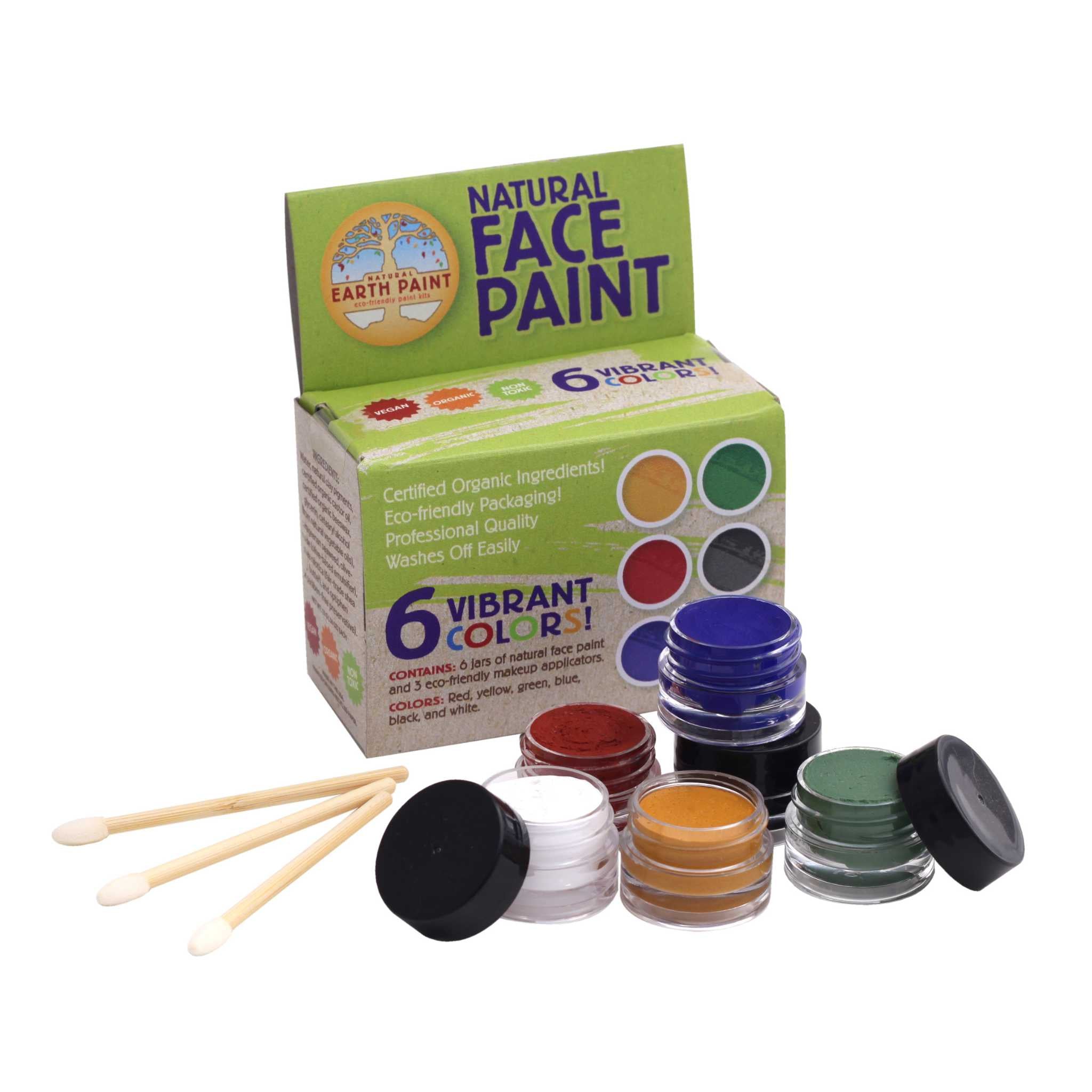 Natural Earth Natural Face Paint - 6 Pack - Showing Packaging, Jars & Brushes