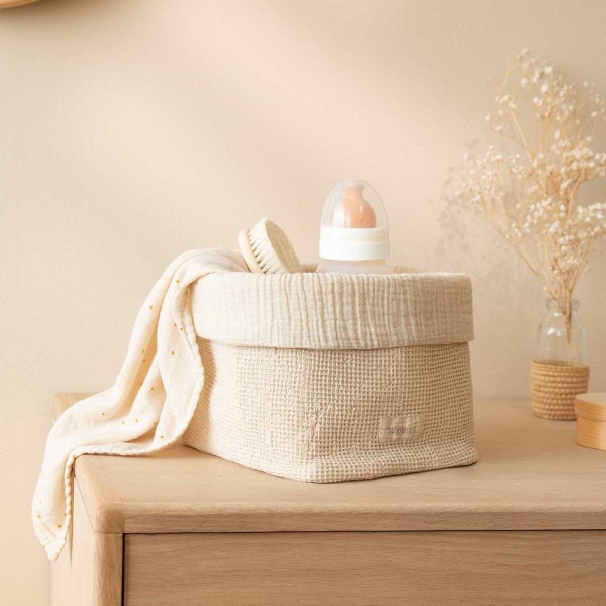 Nobodinoz Wabi Sabi Basket -Ginger- Styled Image Filed On Changing Table