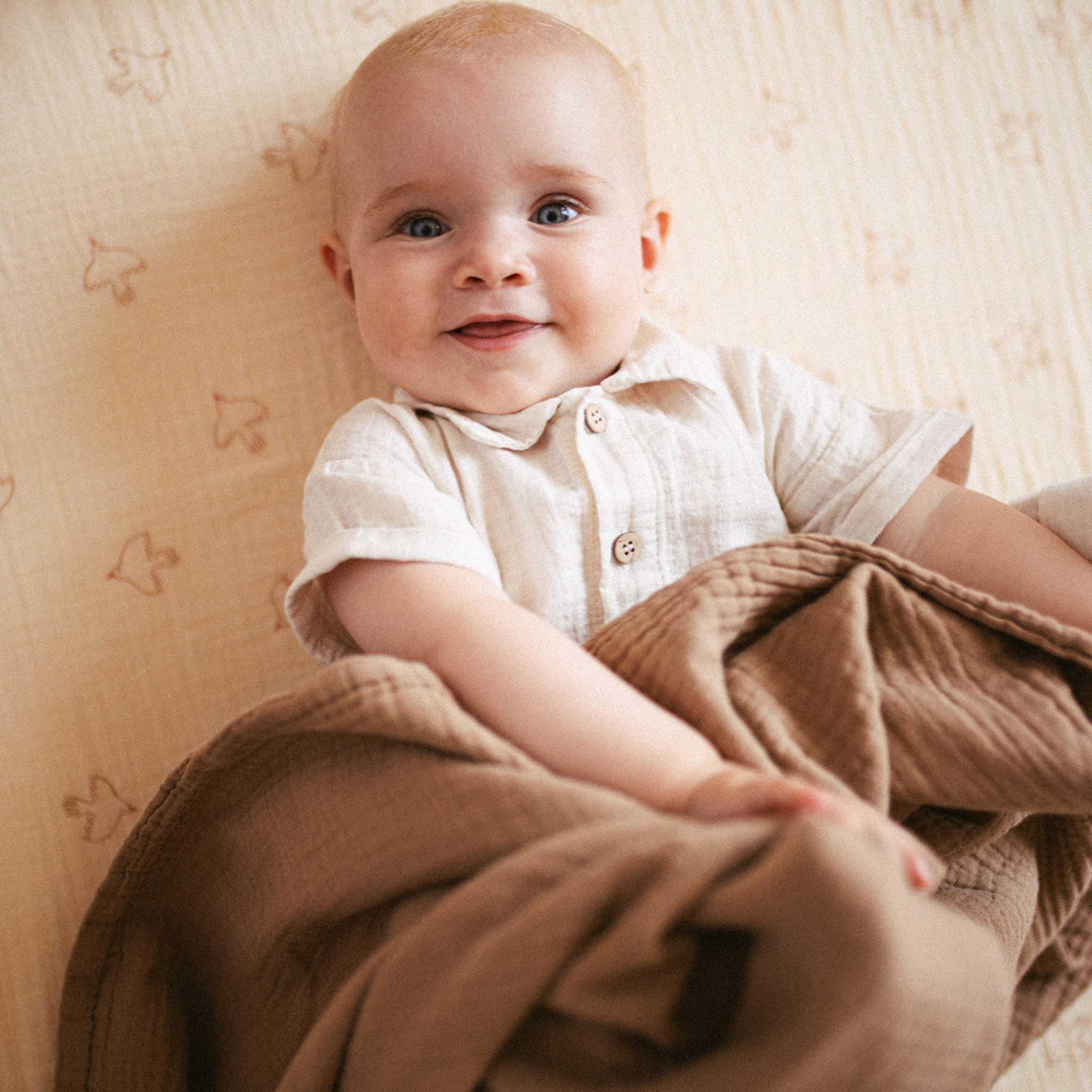 Nobodinoz Wabi Sabi Double Muslin Blanket Sesame - On Baby