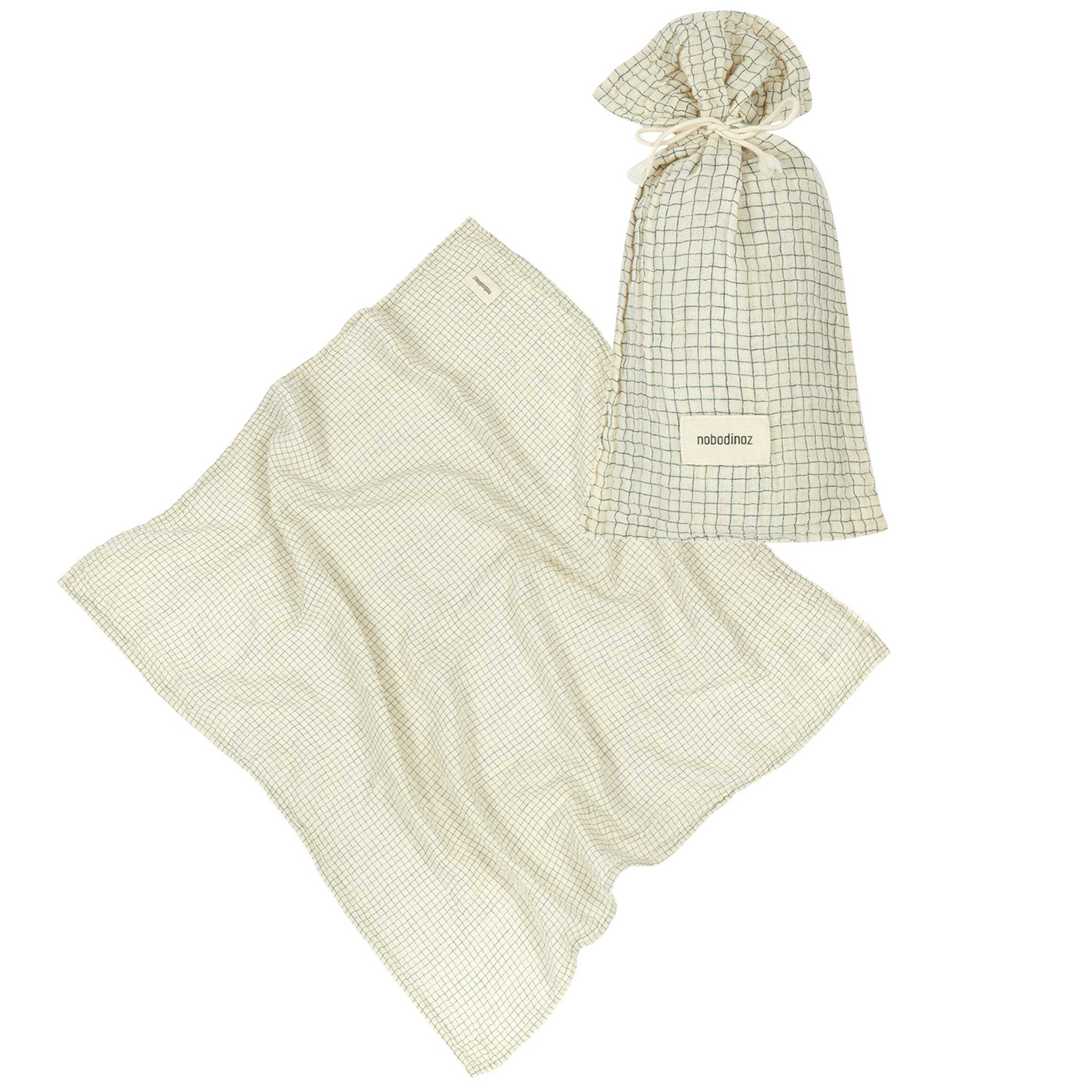 Nobodinoz Wabi Sabi Gift Swaddle Blue Grid - Main Image With Bag