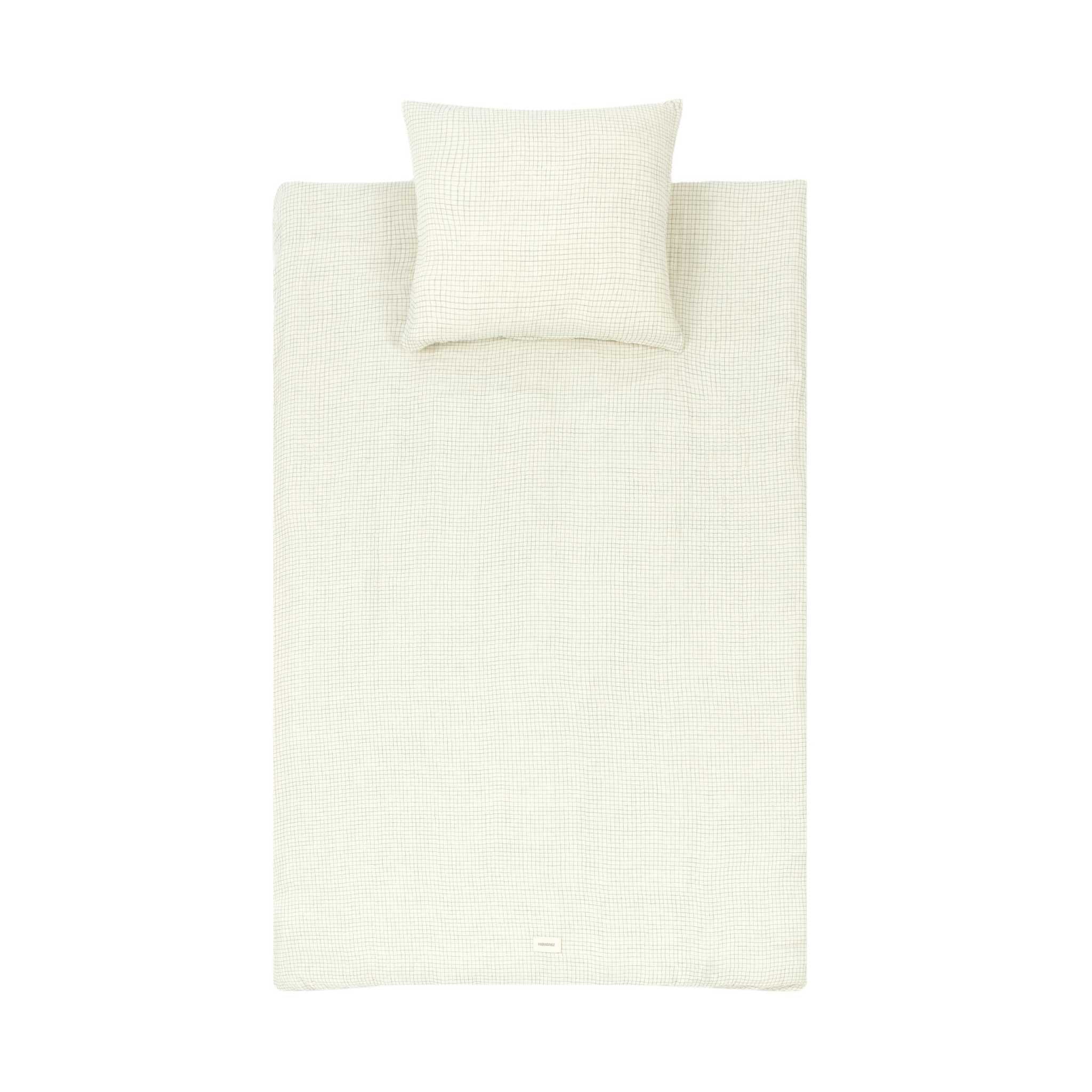 Nobodinoz Wabi Sabi Toddler Bedding Set - Blue Grid - Showing Pillow and Duvet Flat