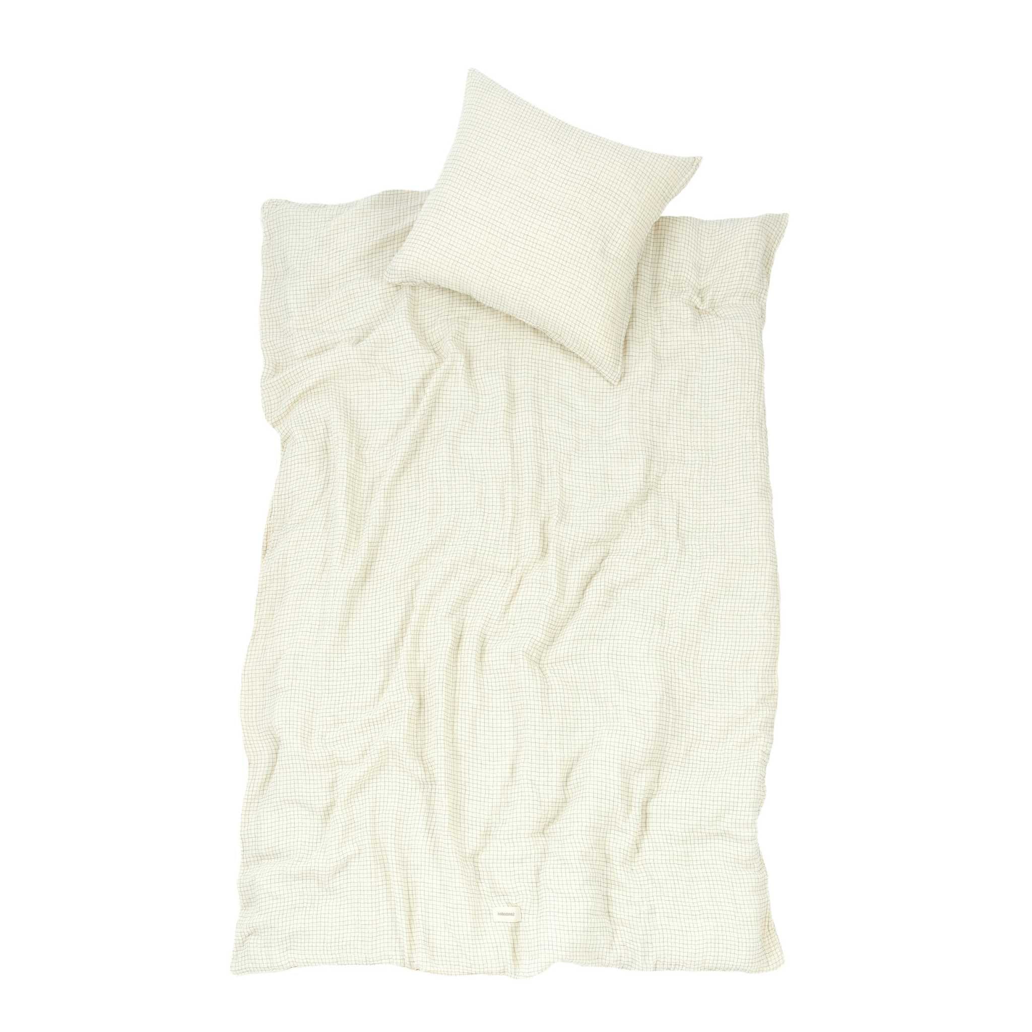 Nobodinoz Wabi Sabi Toddler Bedding Set - Blue Grid - Showing Pillow and Duvet Laid Out