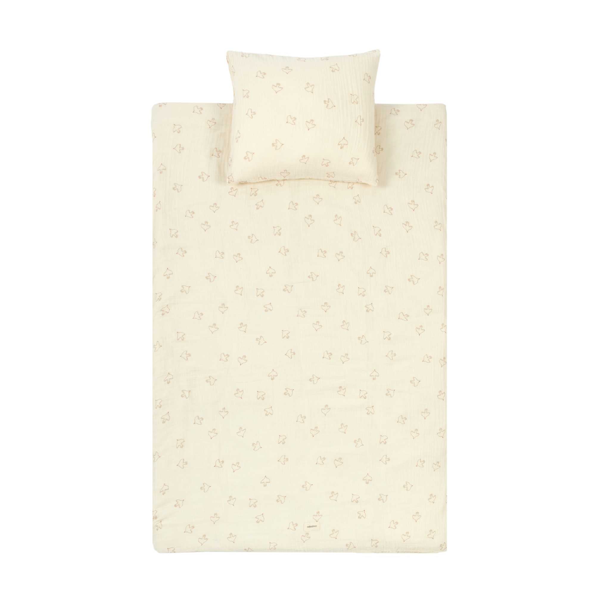 Nobodinoz Wabi Sabi Toddler Bedding Set - Brown Hoshi Birds - Pillow and Duvet Flat