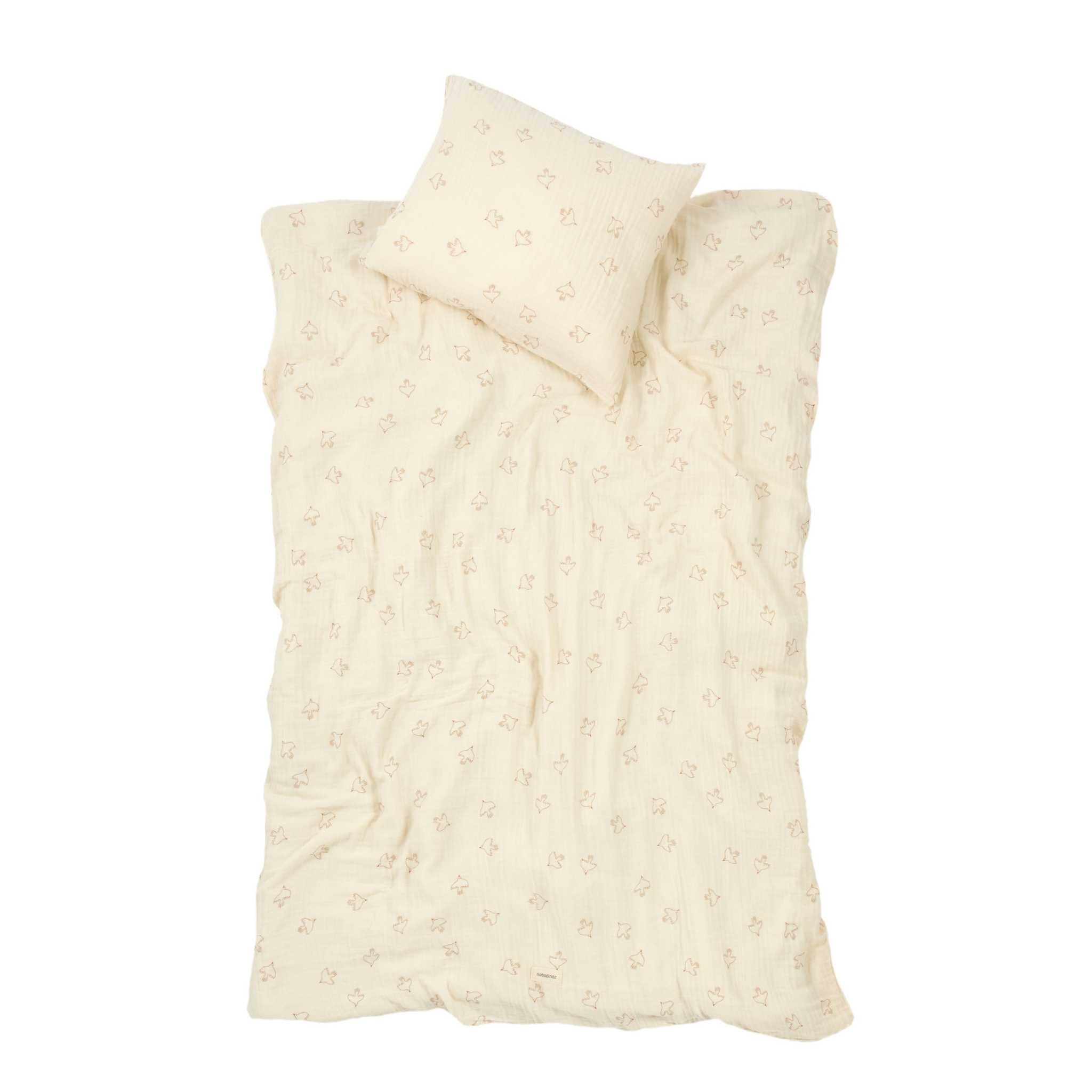 Nobodinoz Wabi Sabi Toddler Bedding Set - Brown Hoshi Birds - Showing Pillow and Duvet