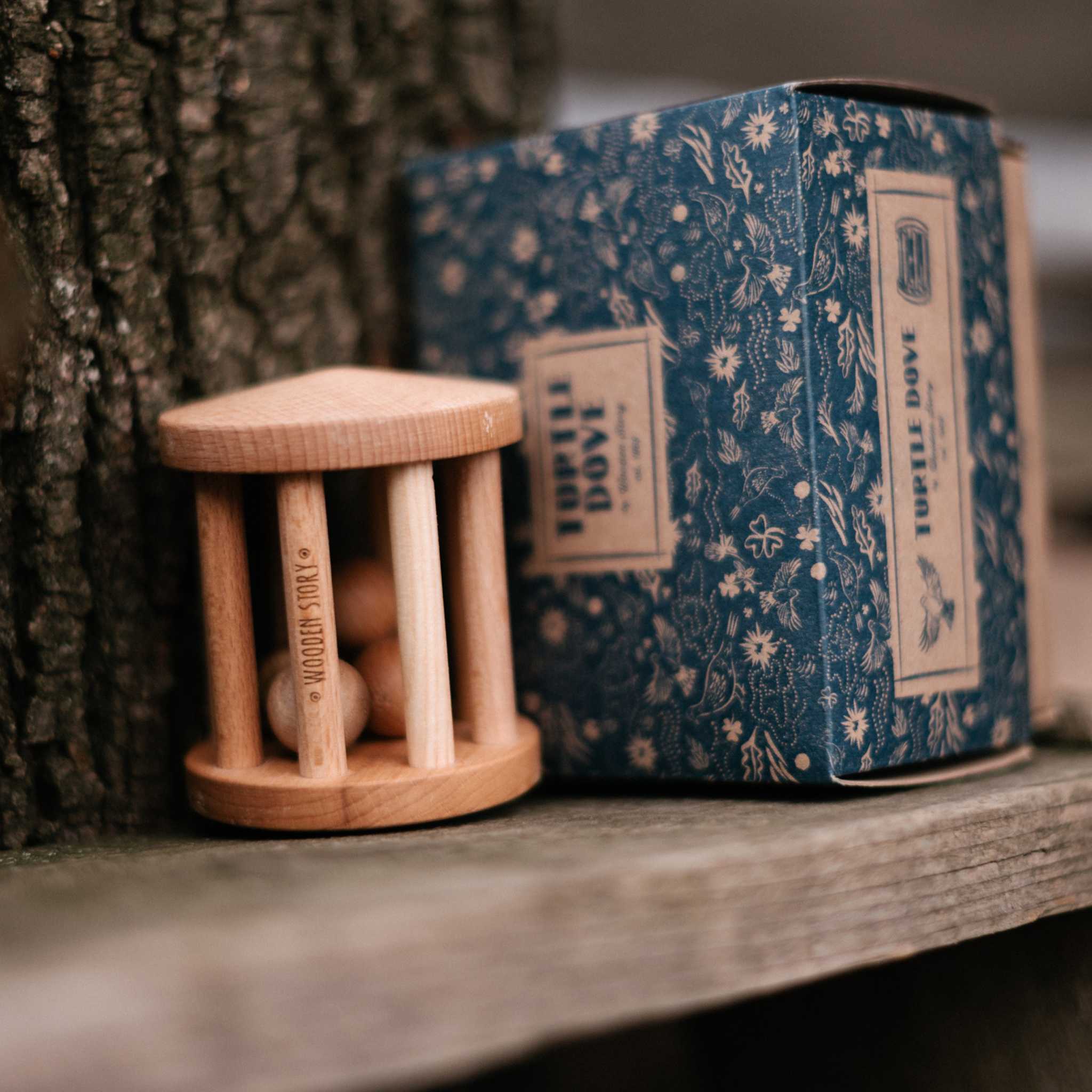 Wooden Story Turtle Dove Rattle -Styled with Packaging