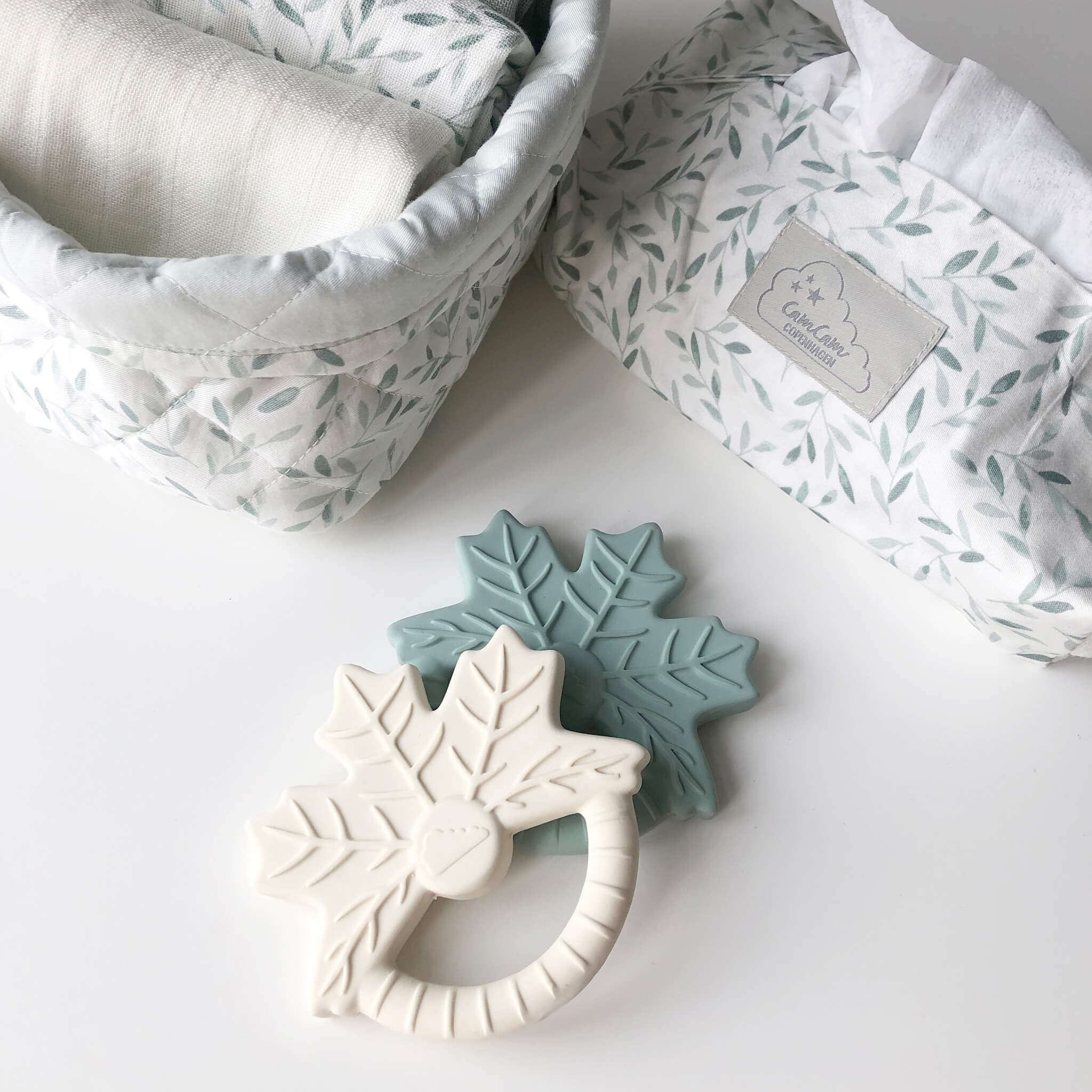 Cam Cam Copenhagen Leaf Shaped Teether in Dusty Green with Wet Wipe Cover