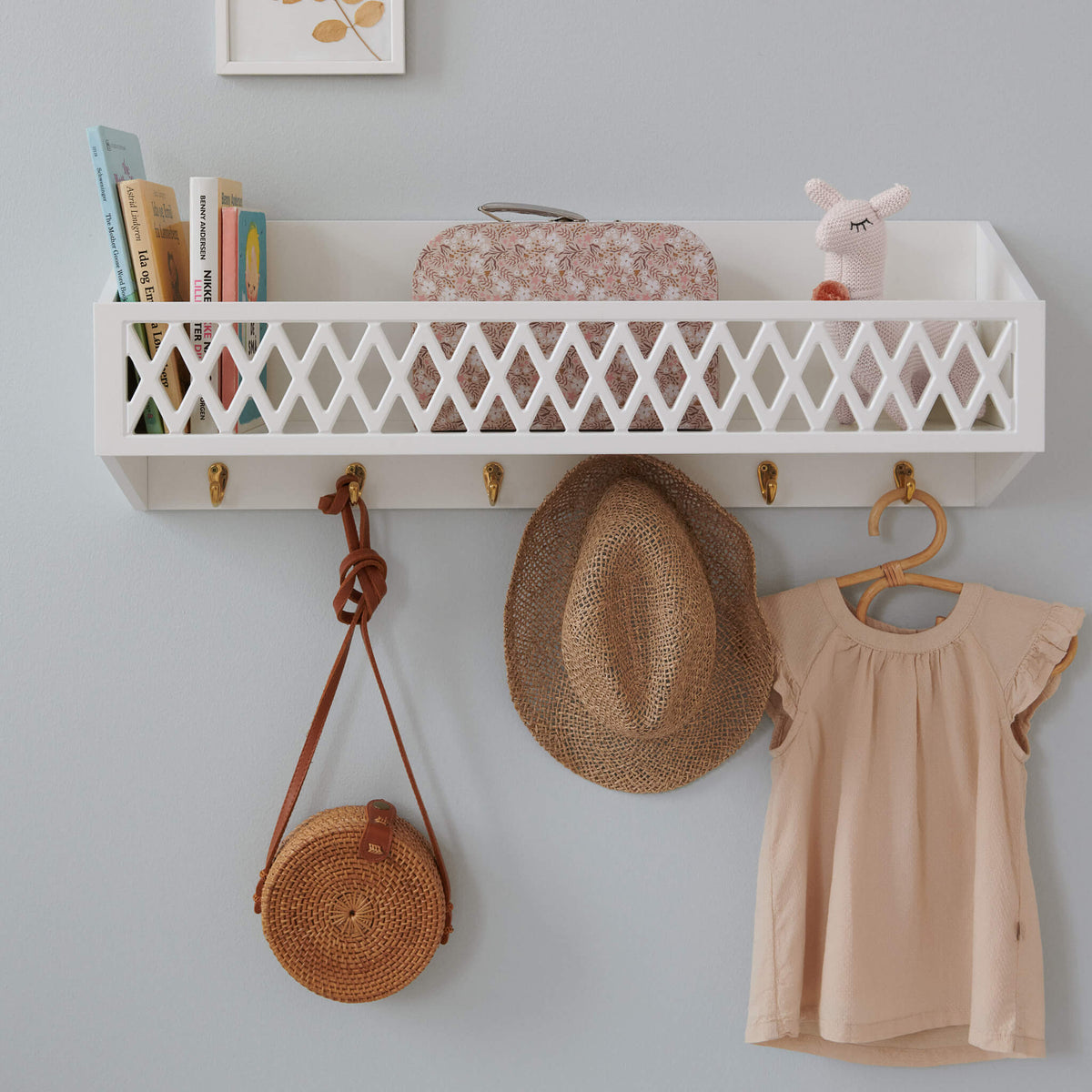 Cam Cam Copenhagen Harlequin Shelf with Hooks in White In Nursery