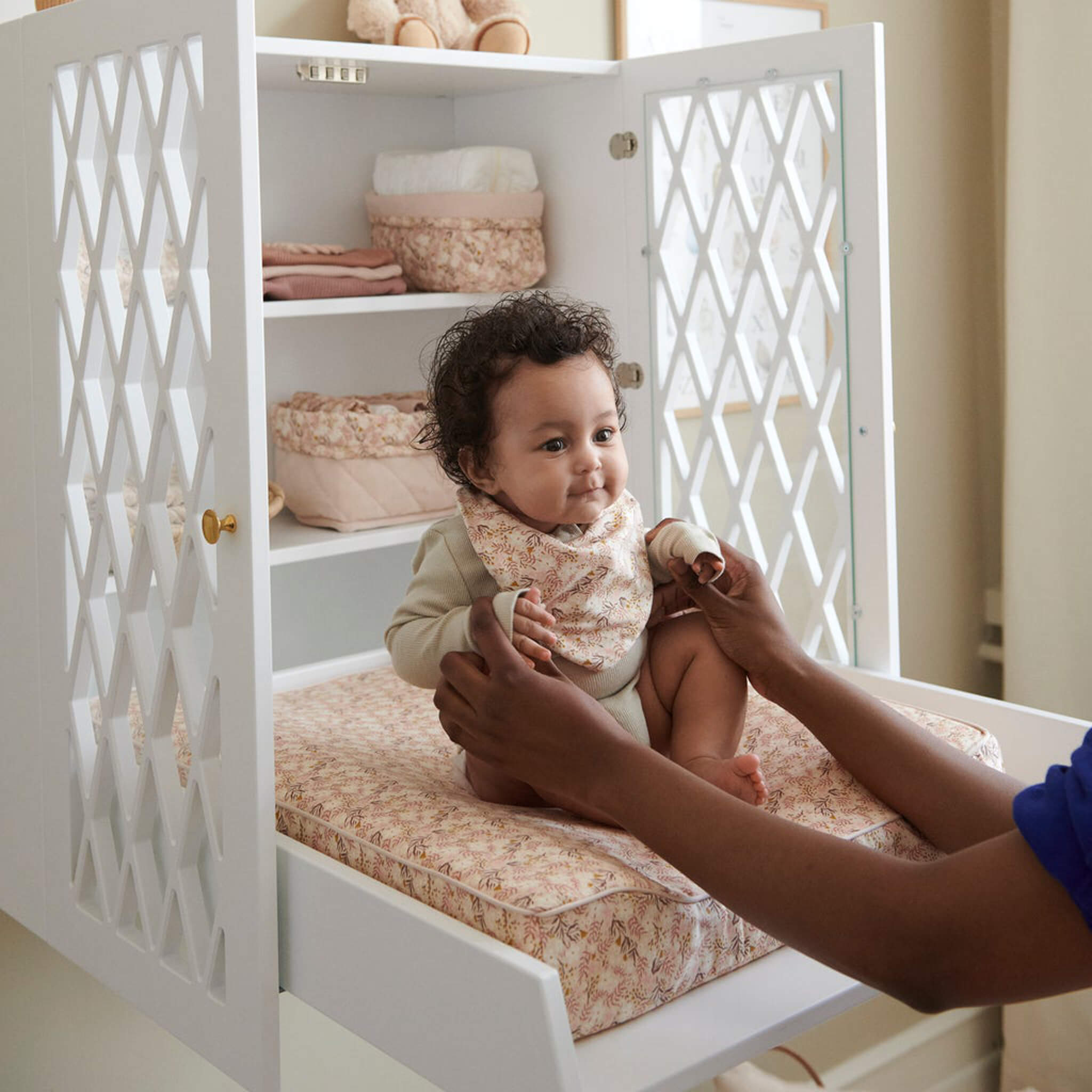 Cam Cam Copenhagen Harlequin Wall Hung Changing Table in White with Baby