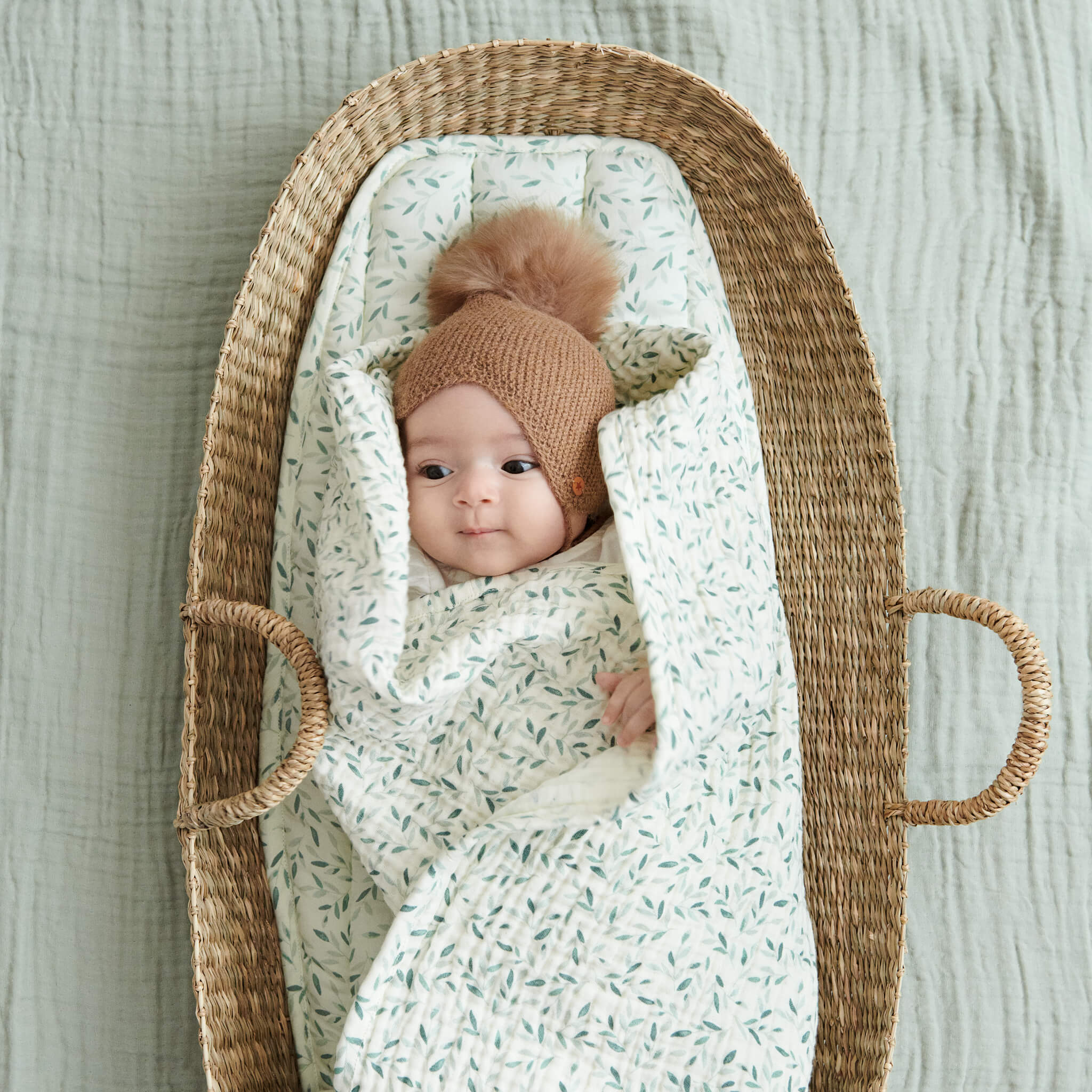 Changing Basket Cotton Insert - Green Leaves