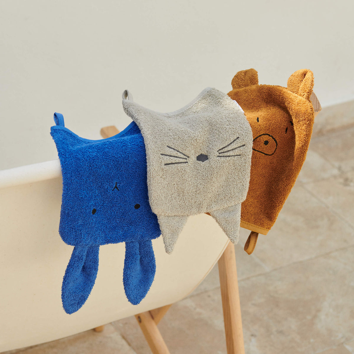 Sylvester Washcloths - 3 Pack - Bunny, Cat, Bear (Surf Blue)