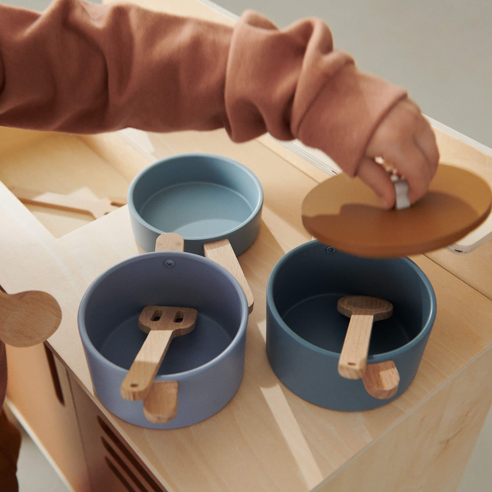 Liewood Antonio Wooden Play Cooking Set in Blue Multi Mix on Kitchen