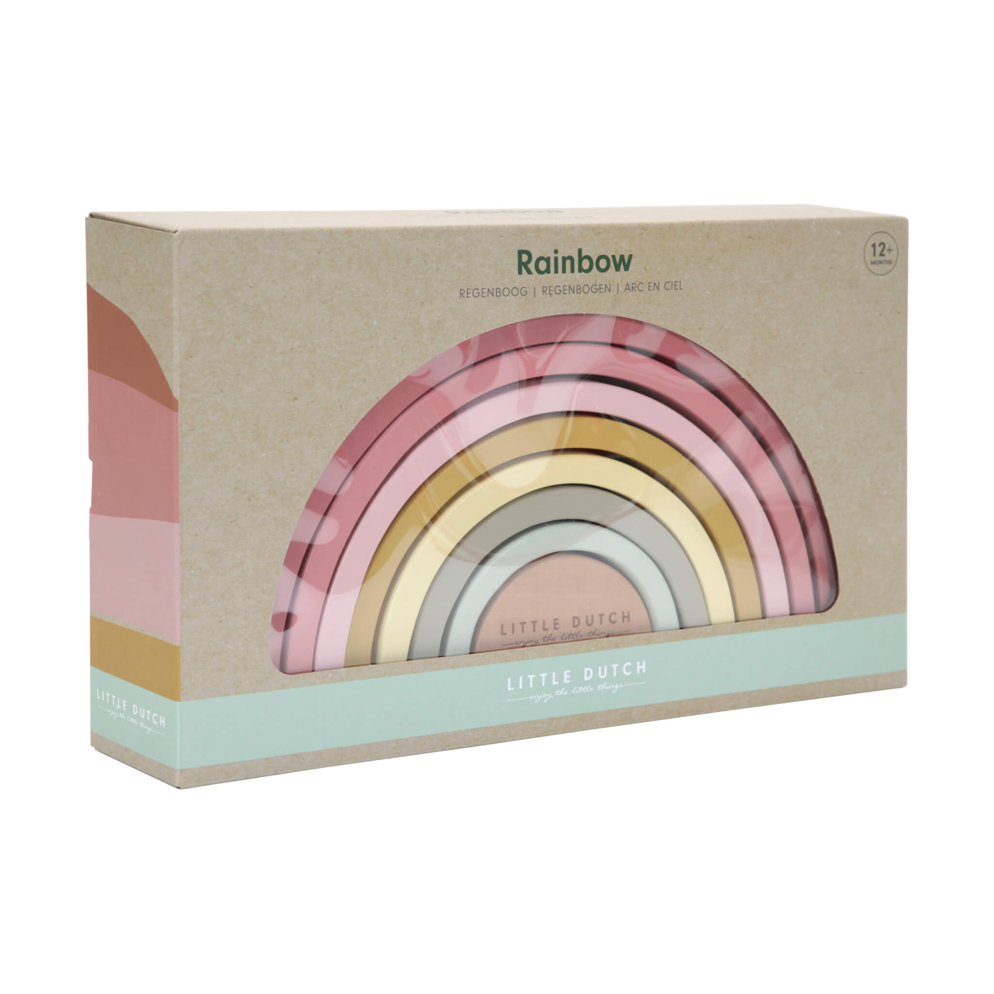 Little Dutch Wooden Rainbow Stacker in Pink. Stacking Toy Packaging