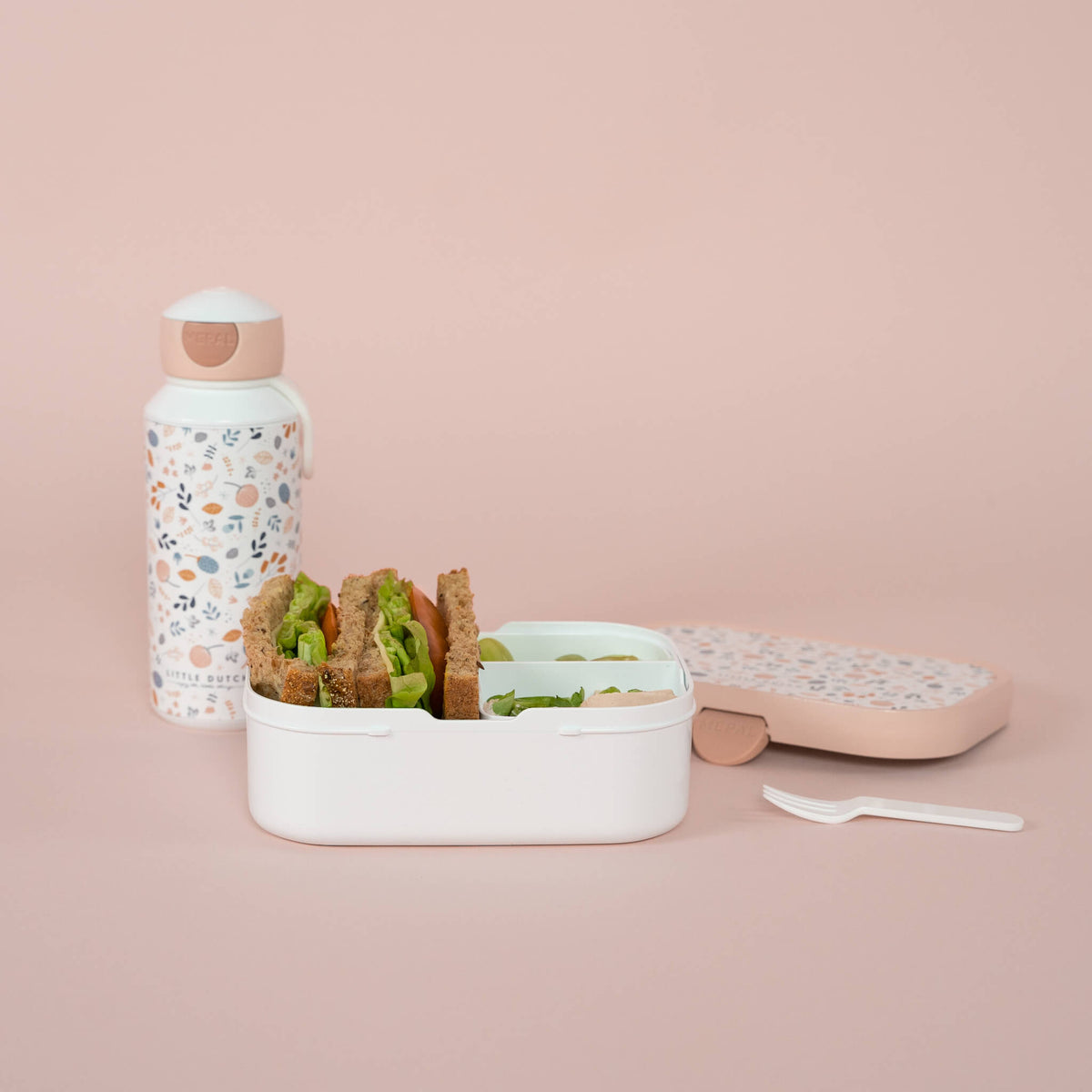 Little Dutch Lunchbox with Fork in Spring Flowers Design with Water Bottle