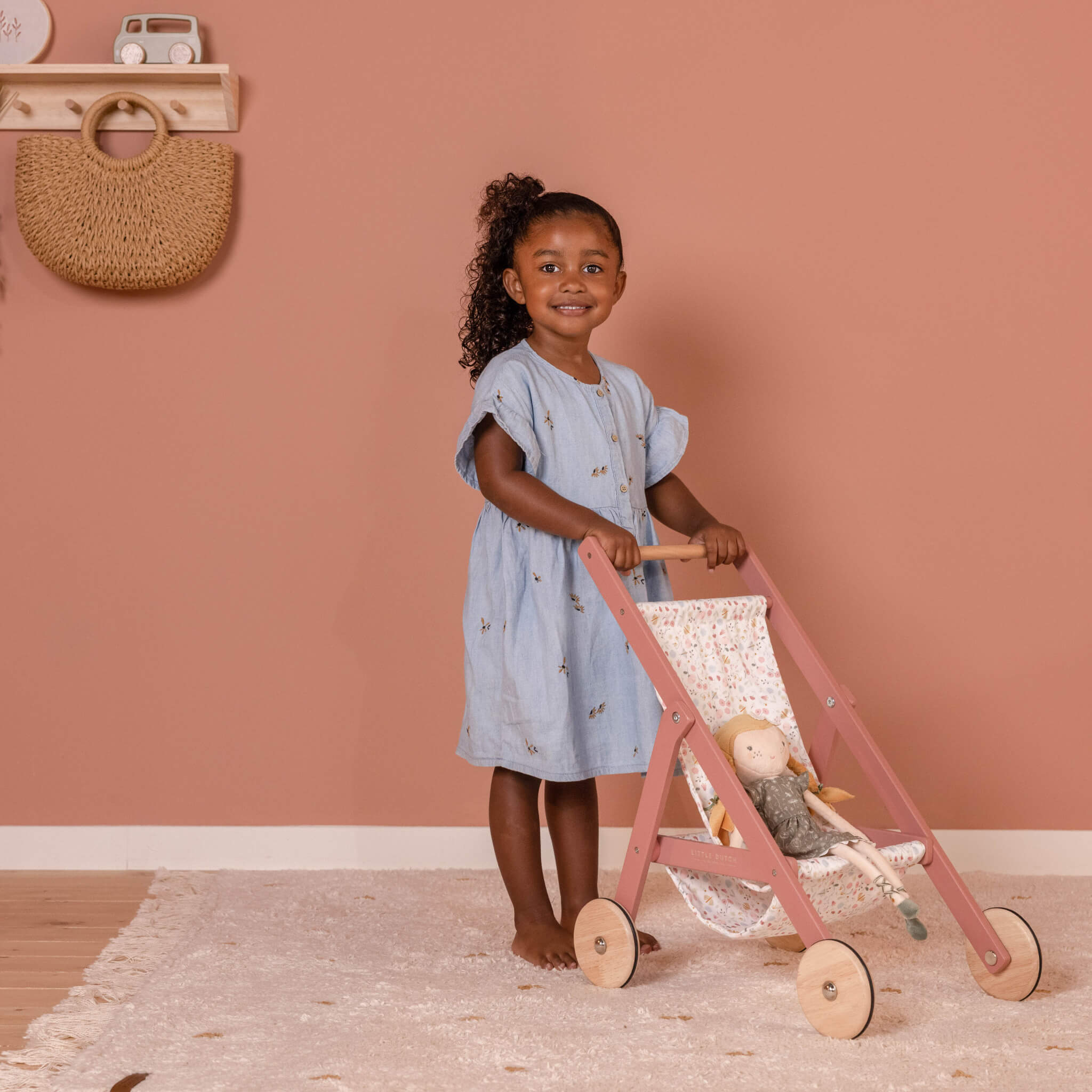 Little Dutch Pink Wooden Dolls Stroller Toy