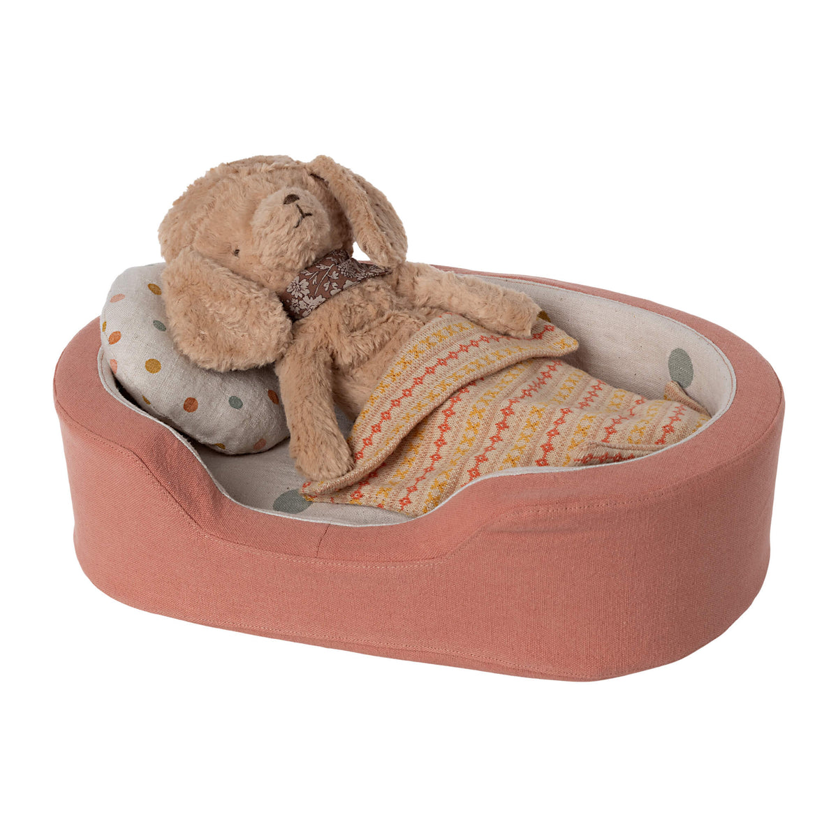 Maileg Plush Dog Basket- Coral