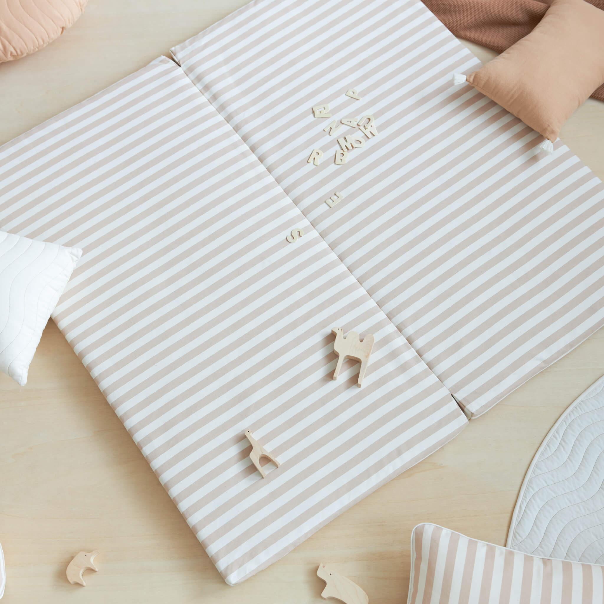 Nobodinoz Bebop Foldable Mattress in Taupe Stripes Flat with Toys