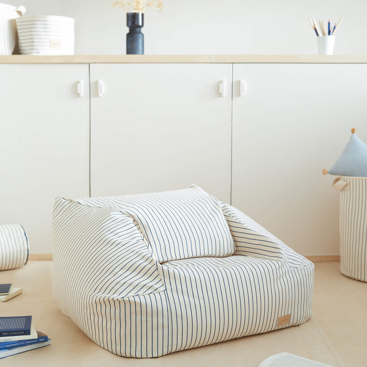 Nobodinoz Chelsea Bean Bag in Blue Stripes in Room
