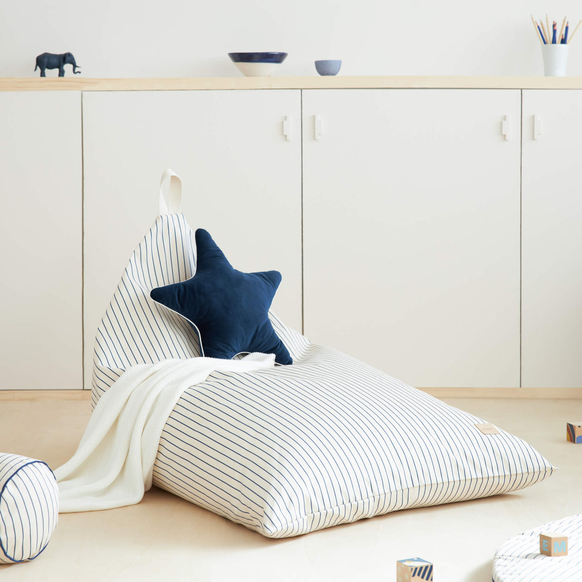 Nobodinoz Essaouira Bean Bag in Blue Stripes in Room