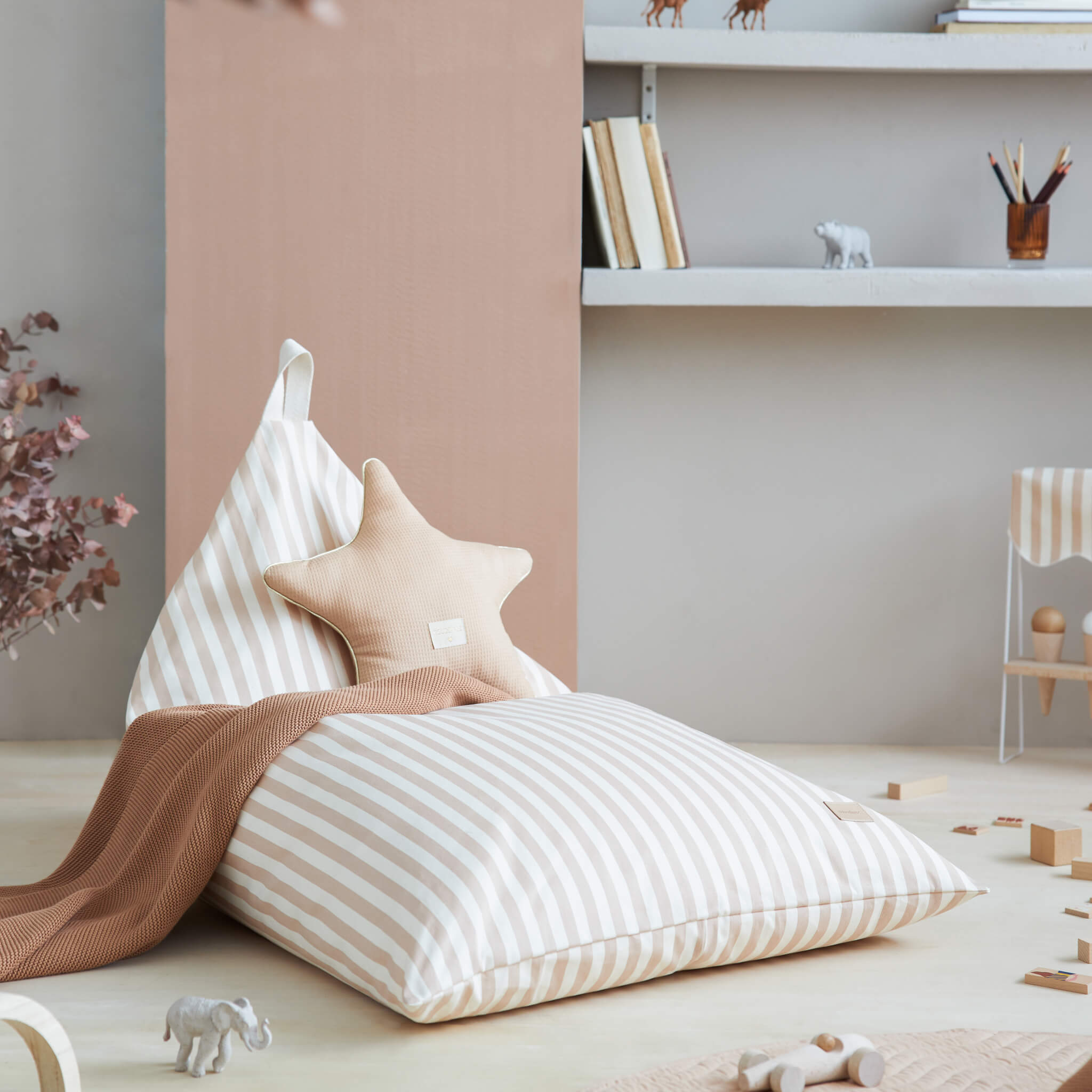 Nobodinoz Essaouira Bean Bag in Taupe Stripes in Room