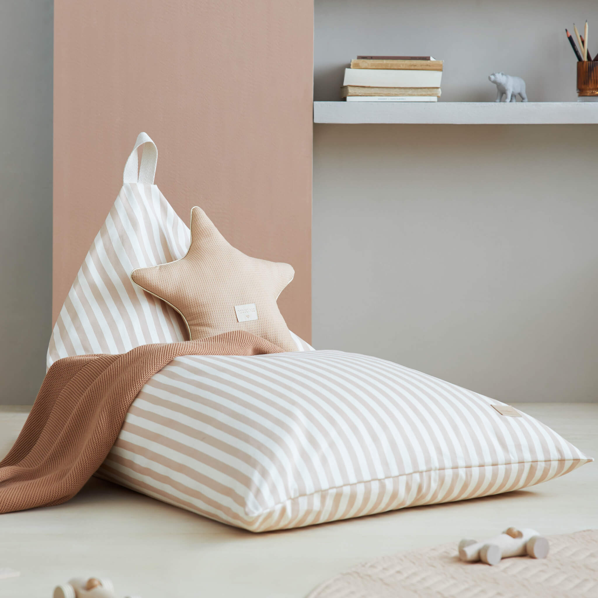 Nobodinoz Essaouira Bean Bag in Taupe Stripes in Room