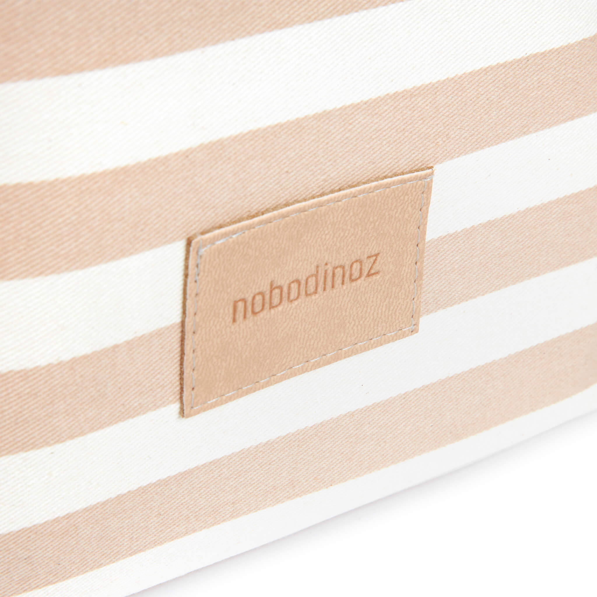 Nobodinoz Little Django Toy Basket in Taupe Stripes Details