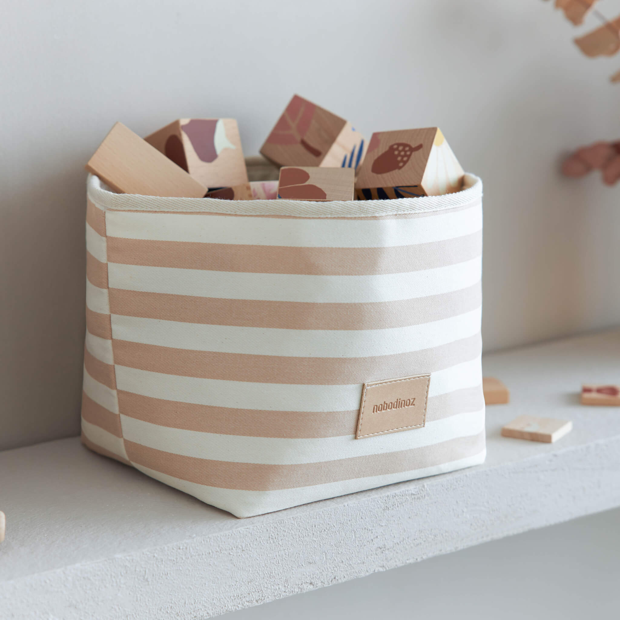 Nobodinoz Little Django Toy Basket in Taupe Stripes With Blocks
