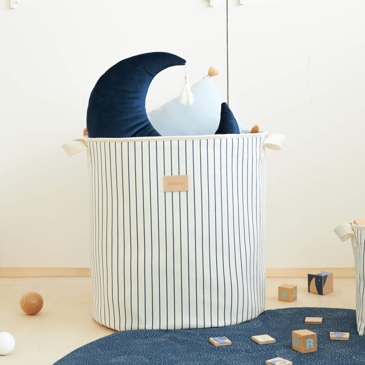 Nobodinoz Odeon Toy Bag in Blue Stripes with Toys and Cushions