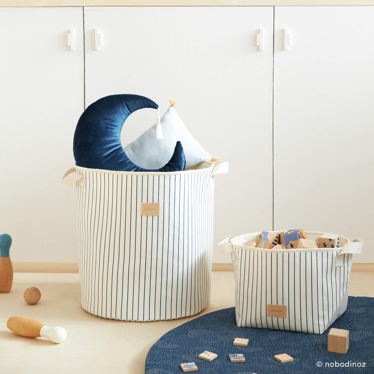 Nobodinoz Odeon Toy Bag in Blue Stripes with Toys