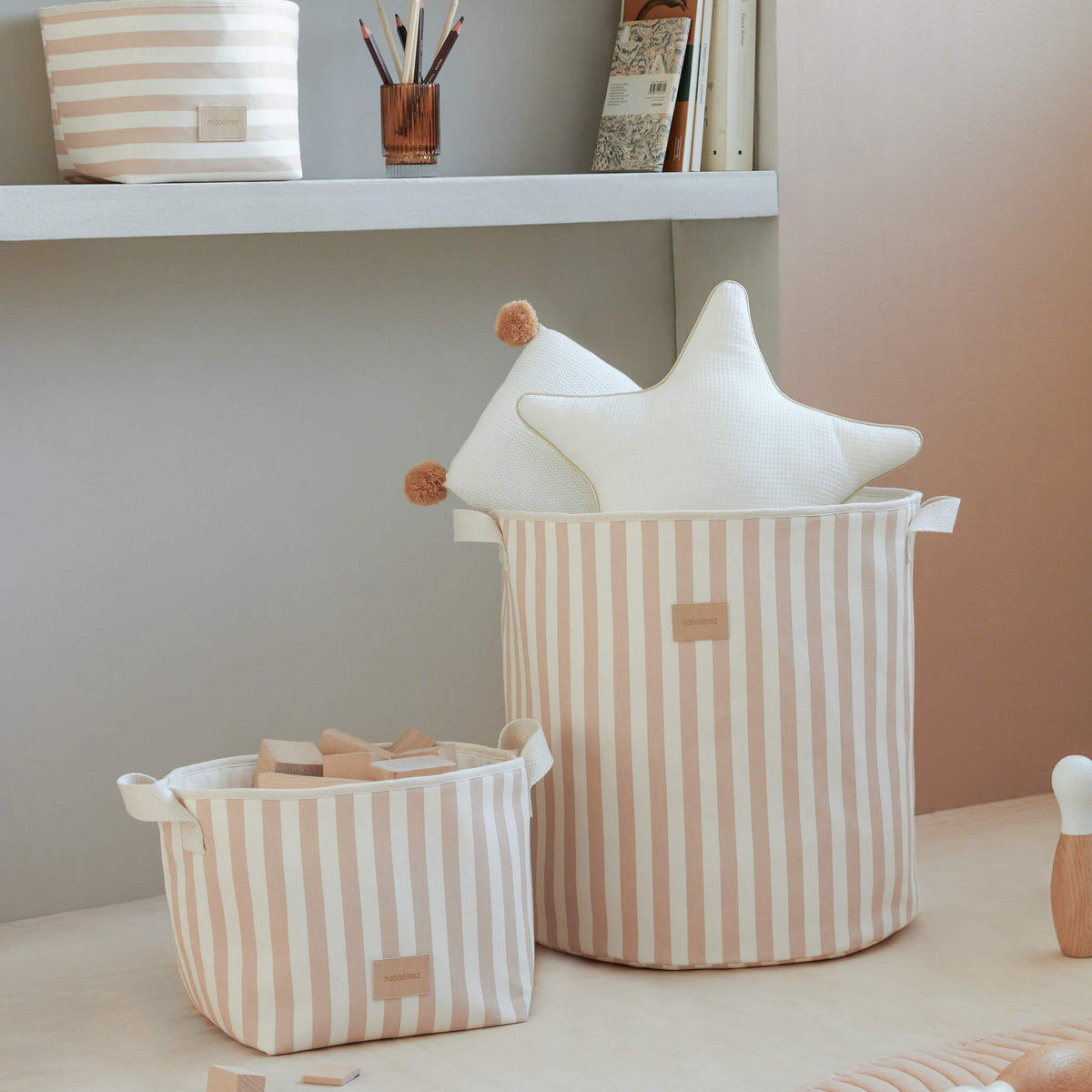 Nobodinoz Odeon Toy Bag in Taupe Stripes with Toys and Cushions