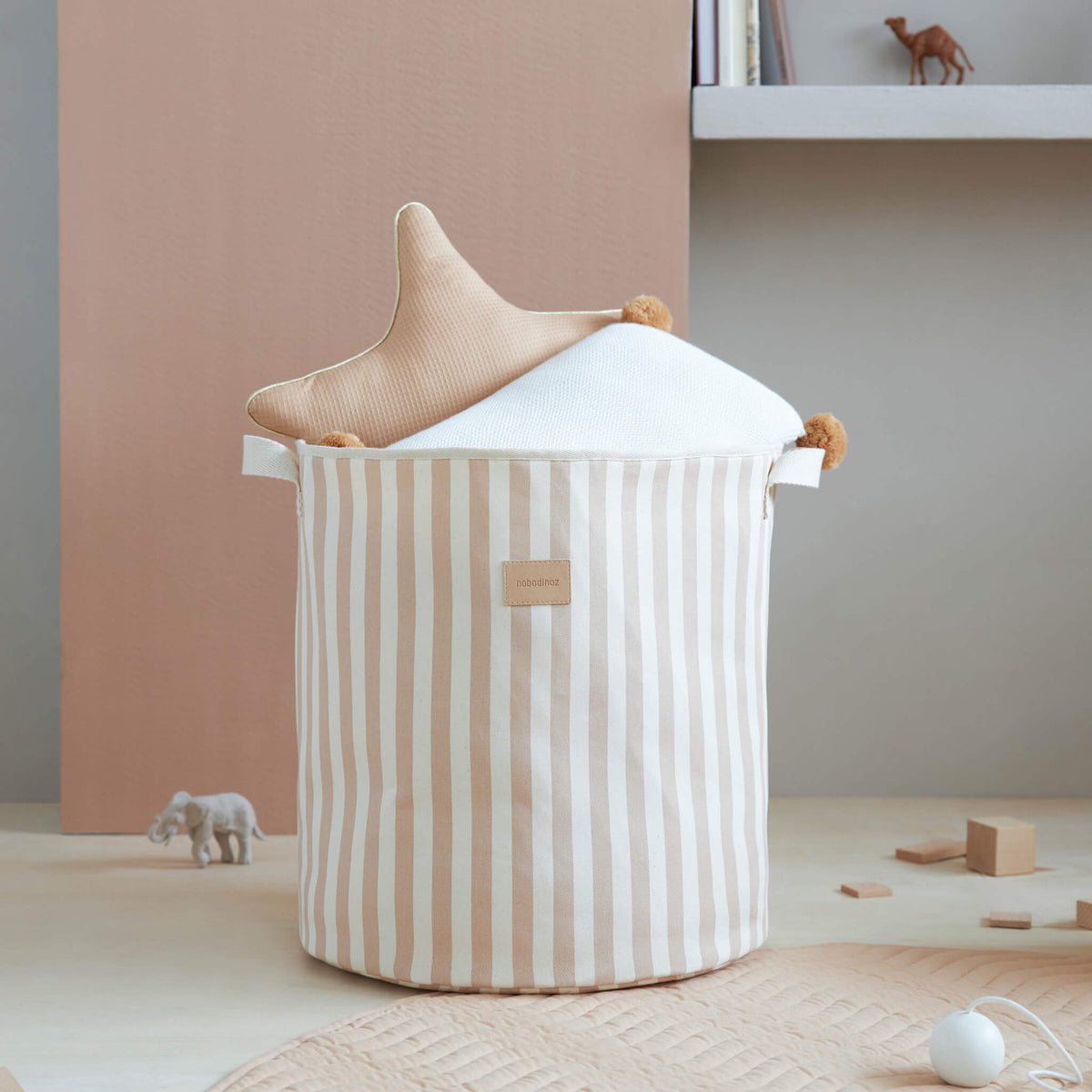 Nobodinoz Odeon Toy Bag in Taupe Stripes with Toys and Cushions