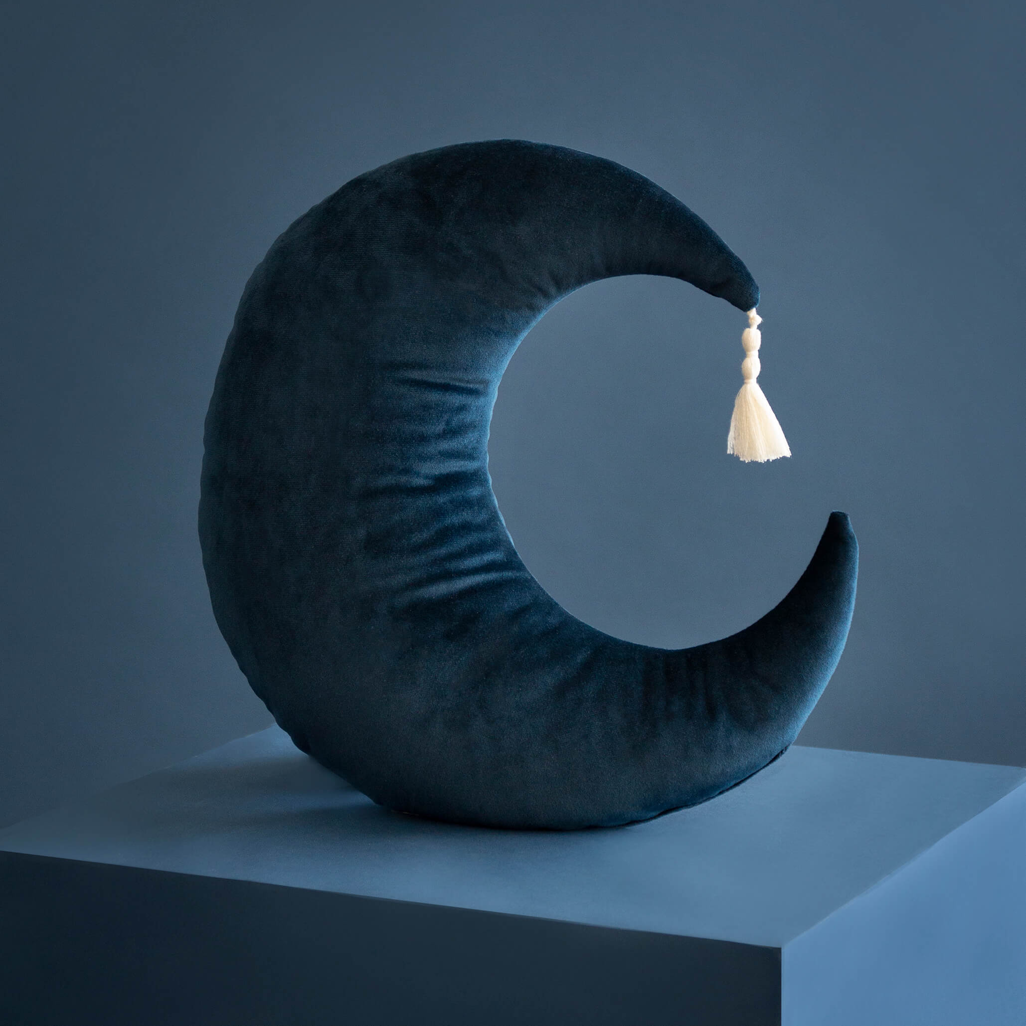 Pierrot Moon Velvet Cushion in Night Blue