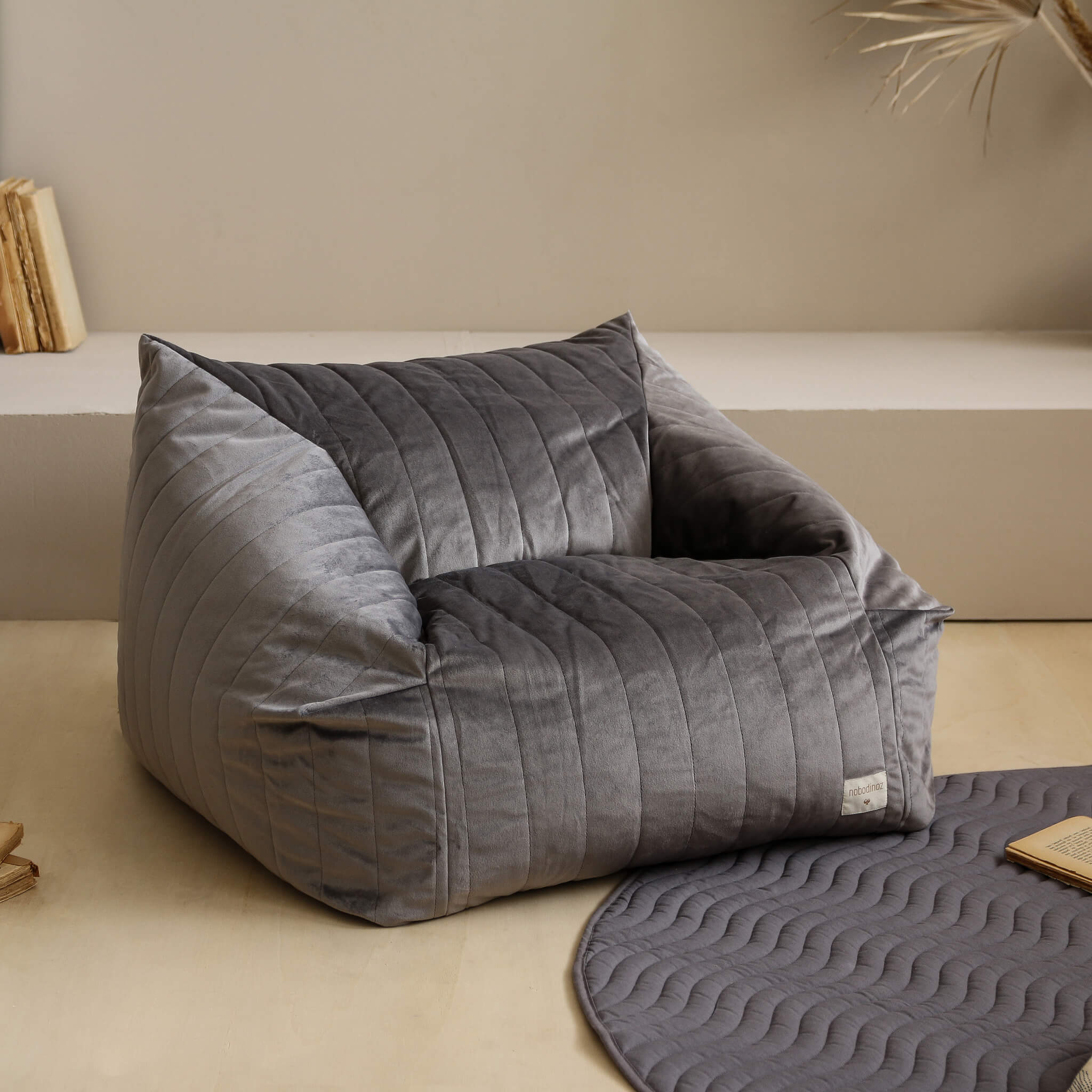 Nobodinoz Chelsea Velvet Bean Bag in Slate Grey in Room