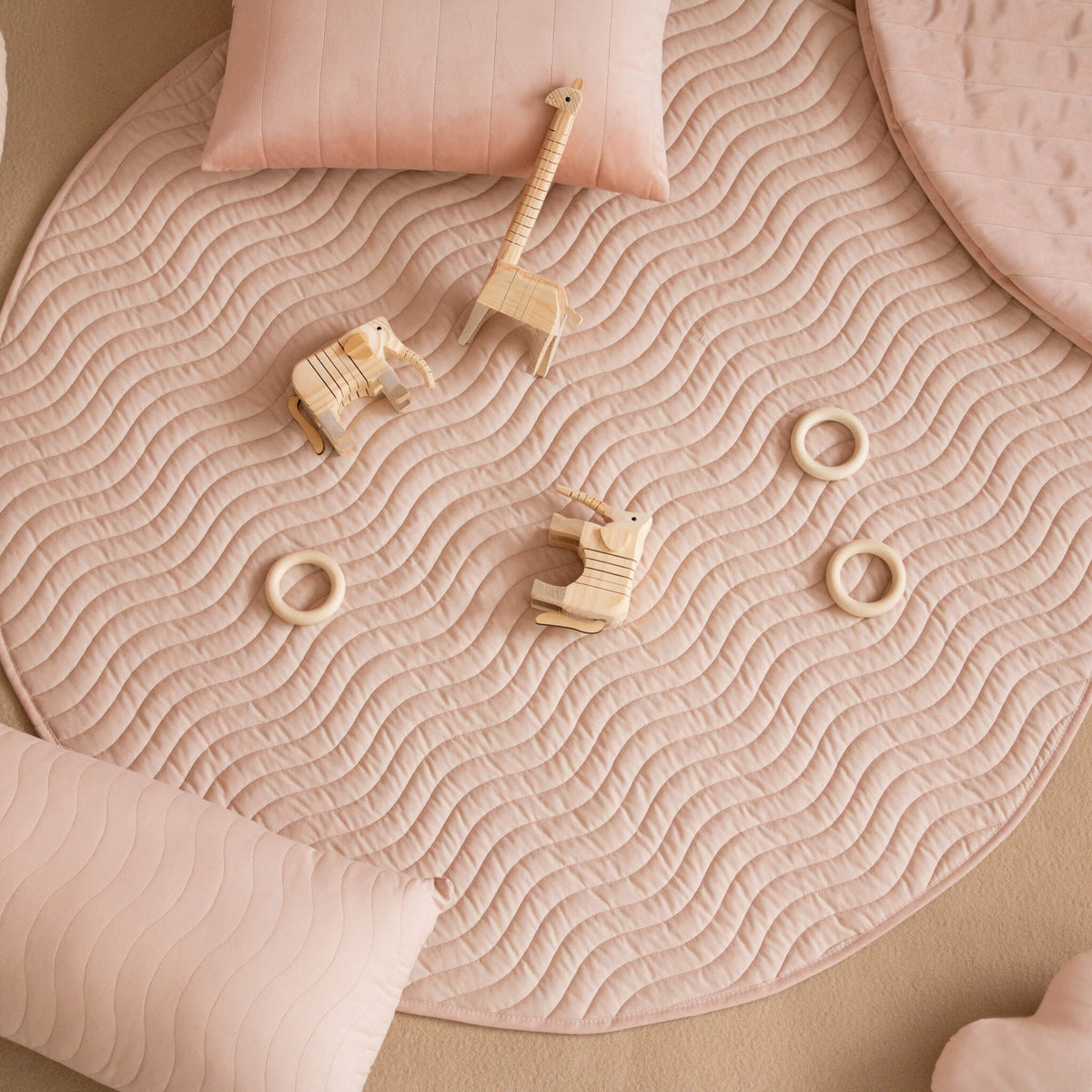 Nobodinoz Kiowa Play Mat Bloom Pink with Toys and Cushions