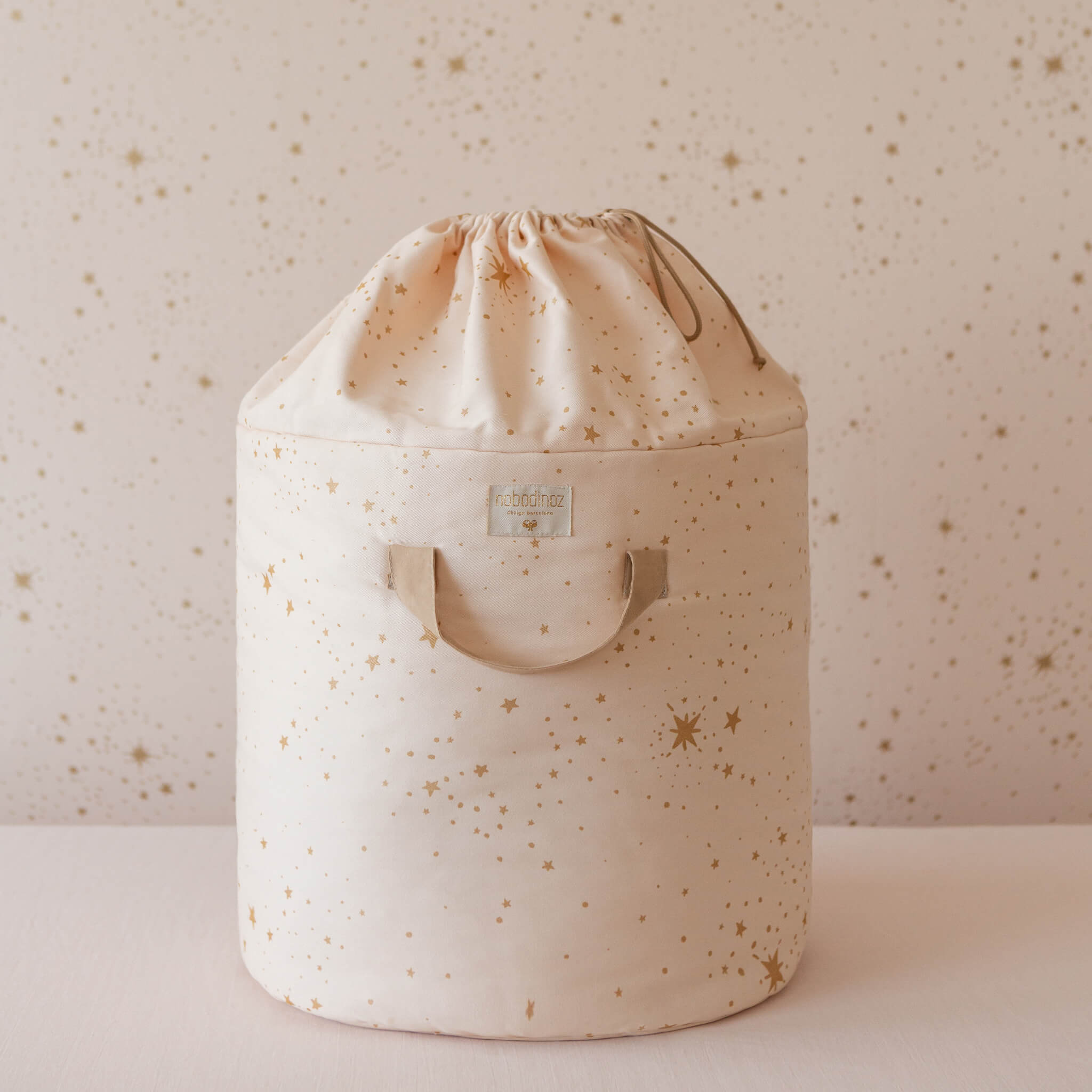 Nobodinoz Small Bamboo Toy Storage Bag in Gold Stella Dream Pink