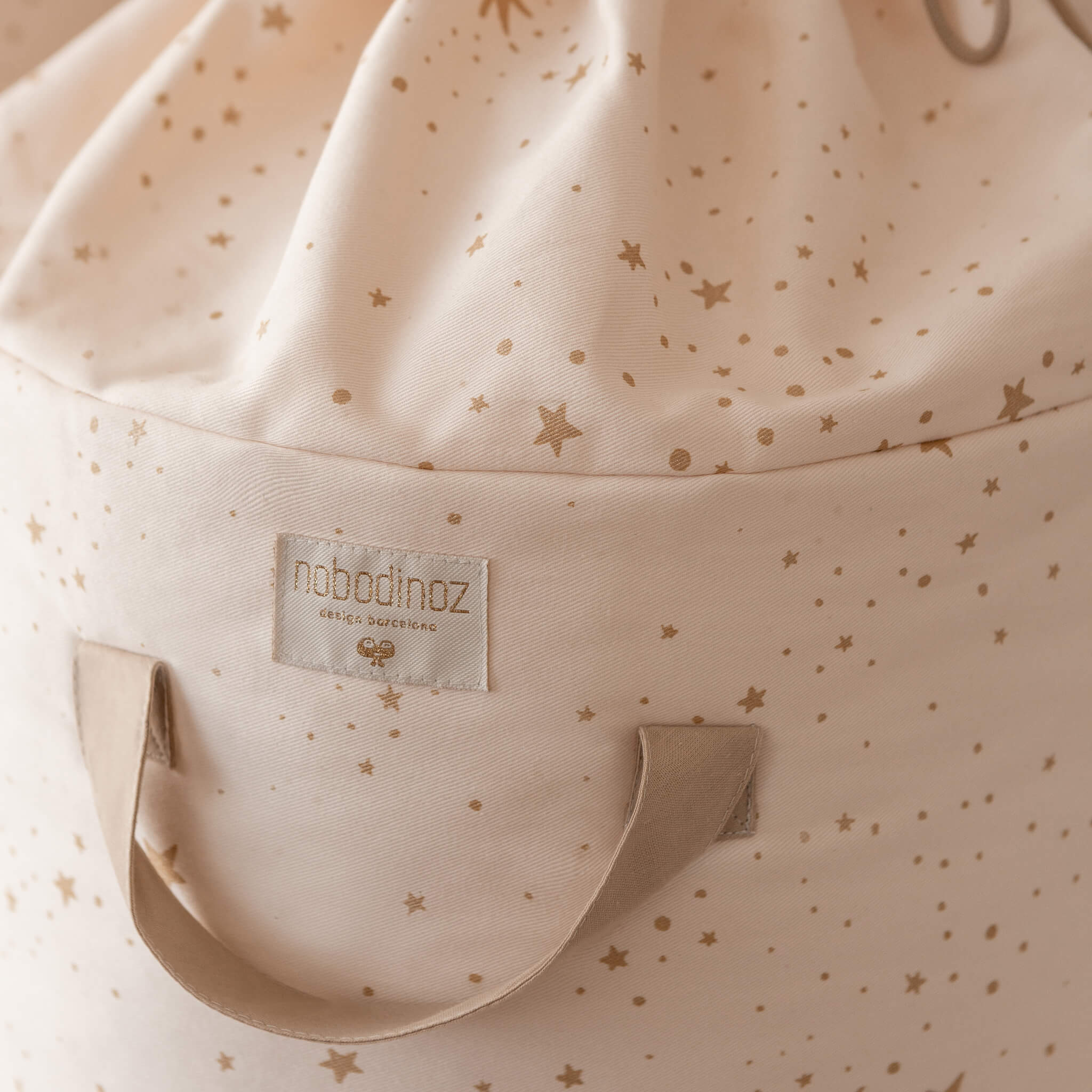 Nobodinoz Small Bamboo Toy Storage Bag in Gold Stella Dream Pink Details