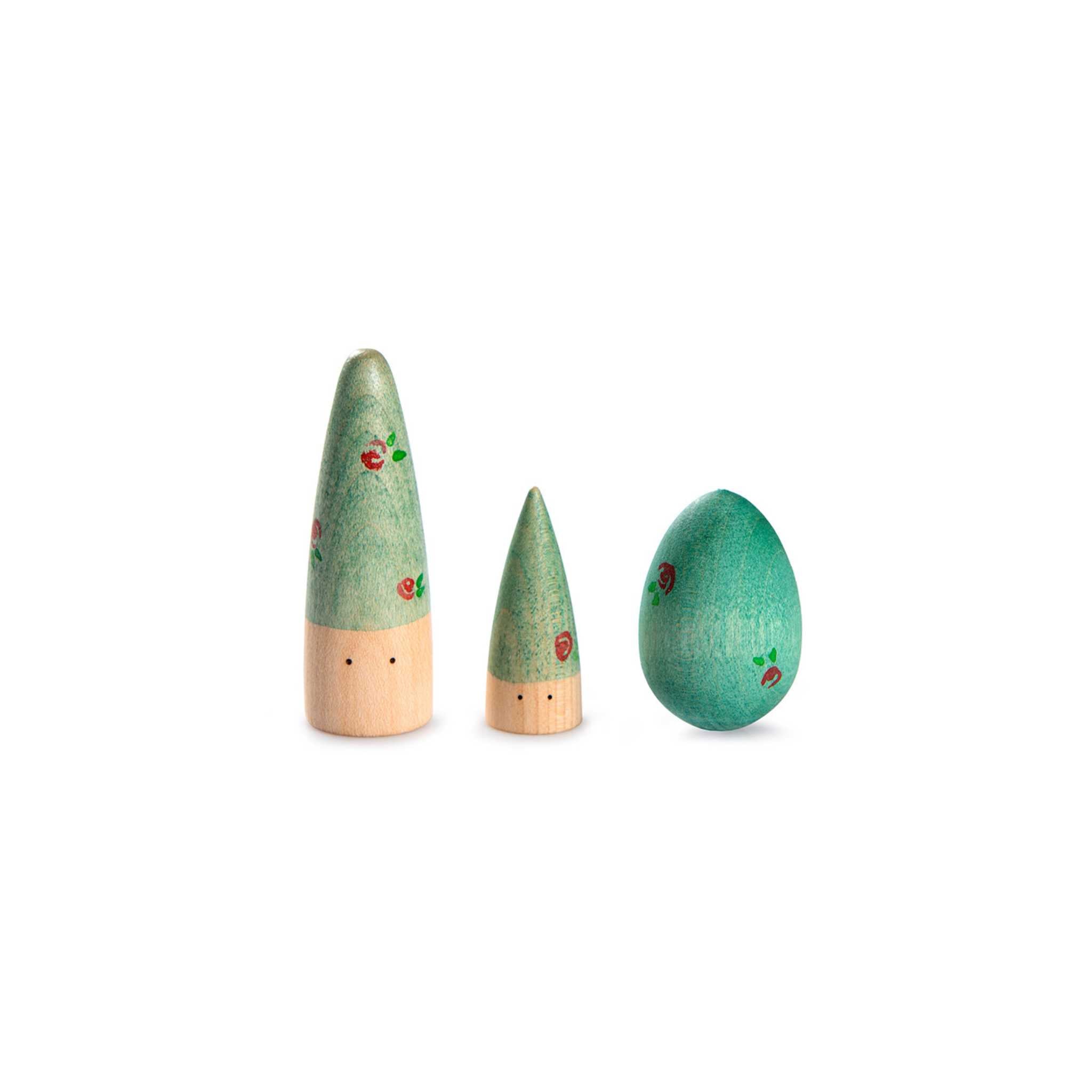 3 Green Wooden Toys From Grapat Lucky Lucky Collection on White Background