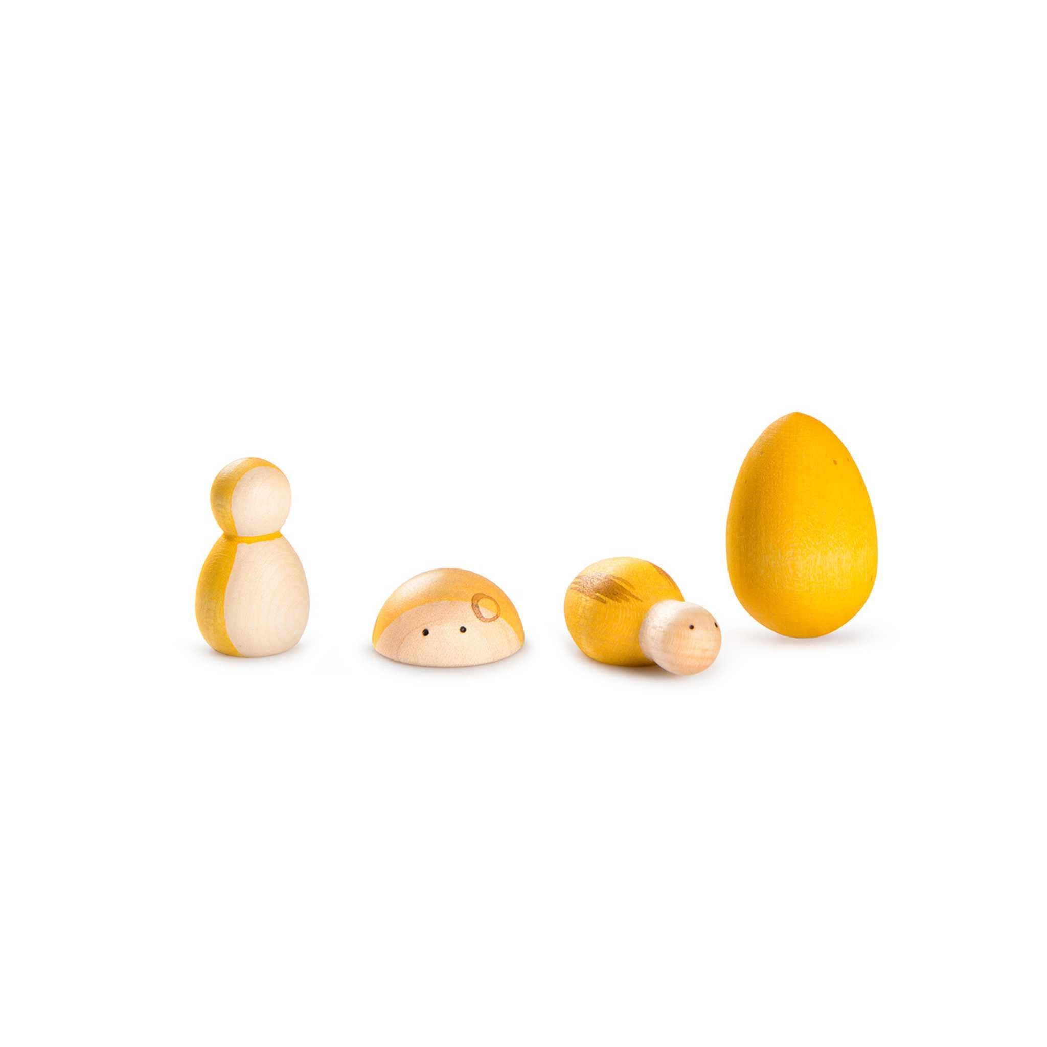 4 Yellow Wooden Toys From Grapat Lucky Lucky Collection on White Background