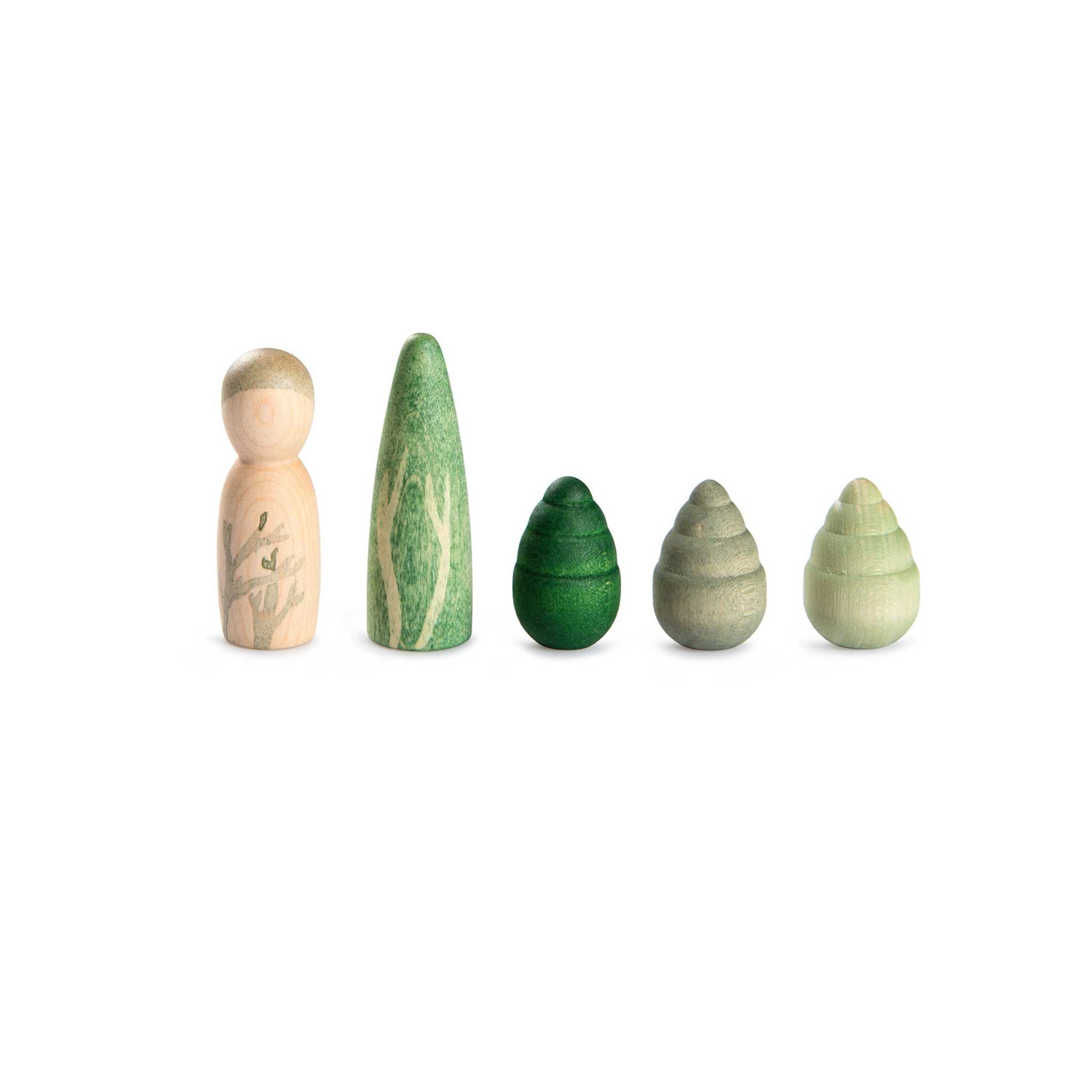 5 Green Wooden Toys From Grapat Lucky Lucky Collection on White Background