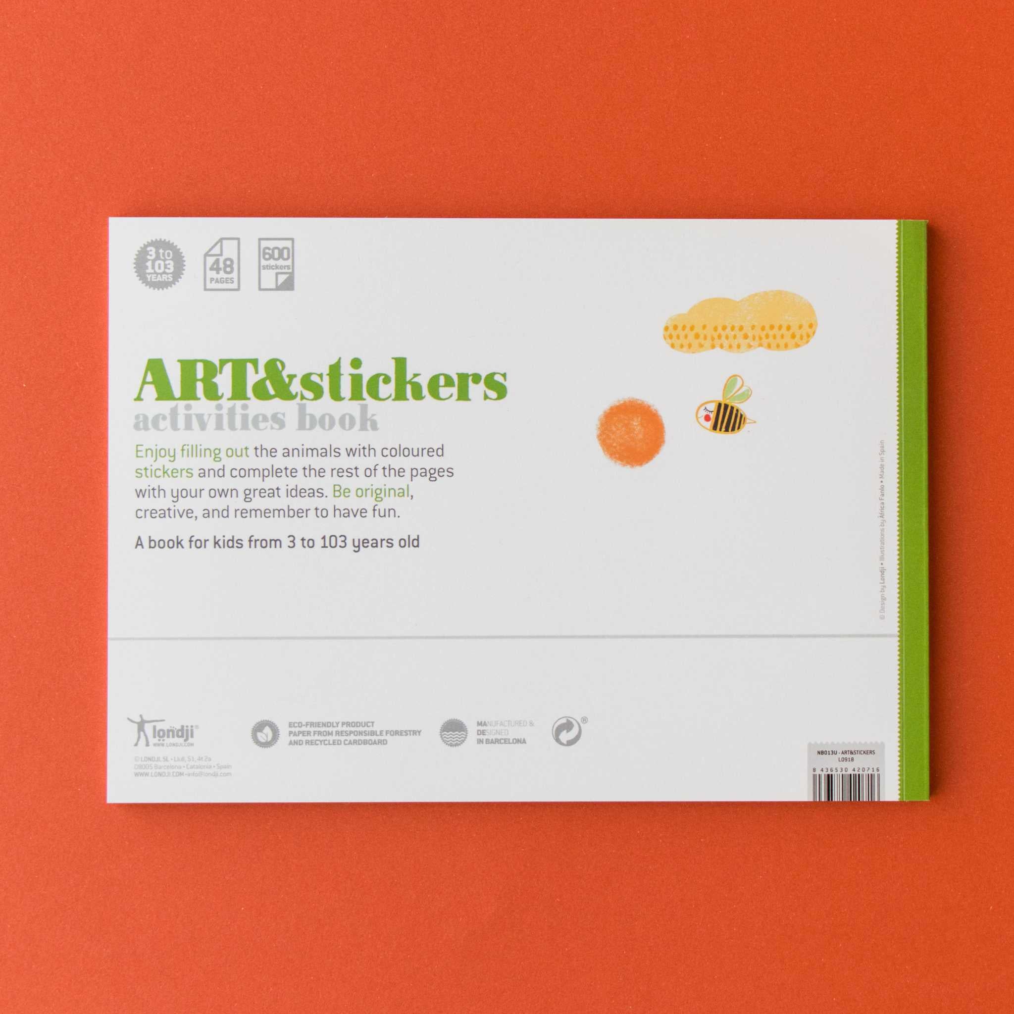 Londji Art & Stickers Activity Book Back Page on Orange Background
