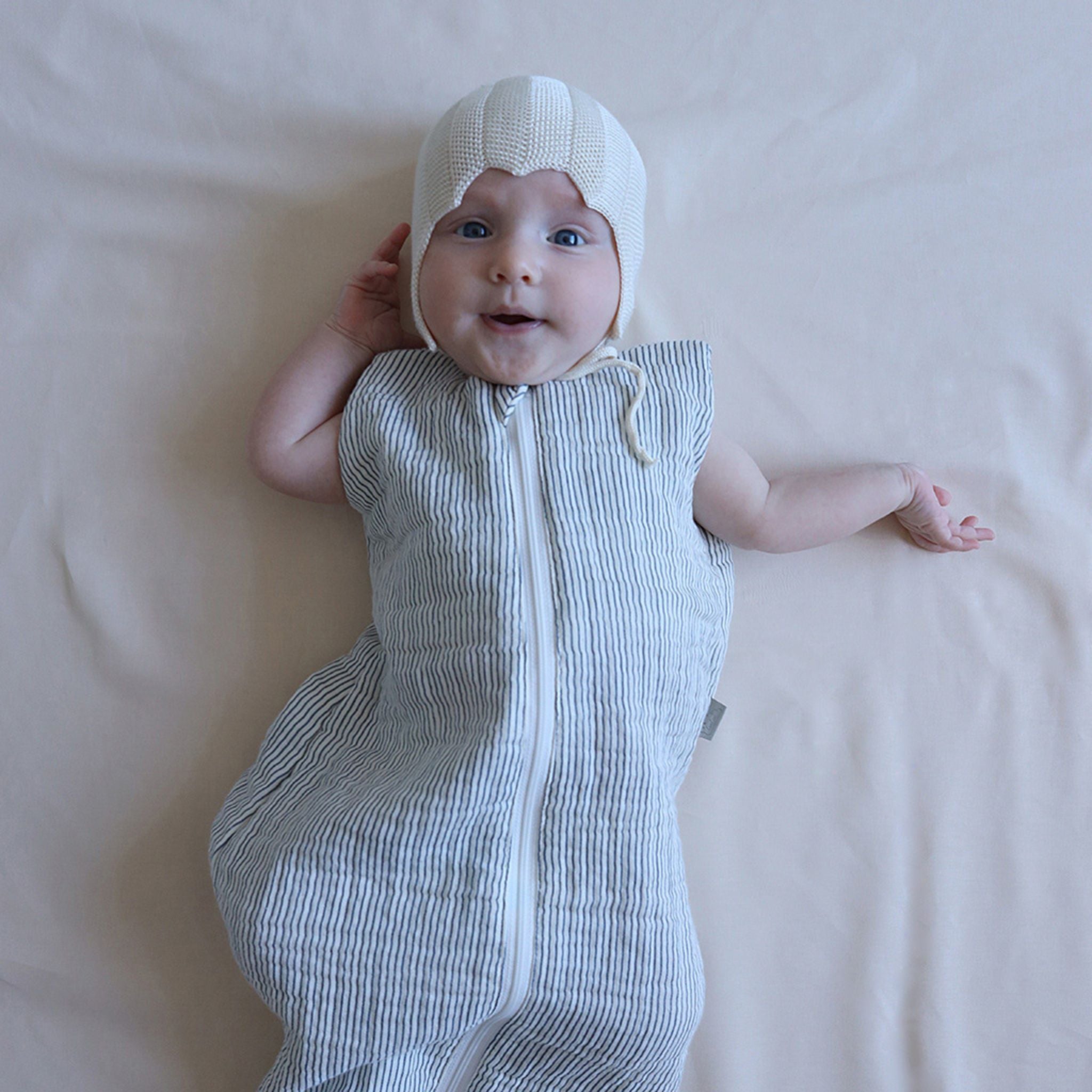 Baby in Cam Cam Blue and White Stripe Sleeping Bag